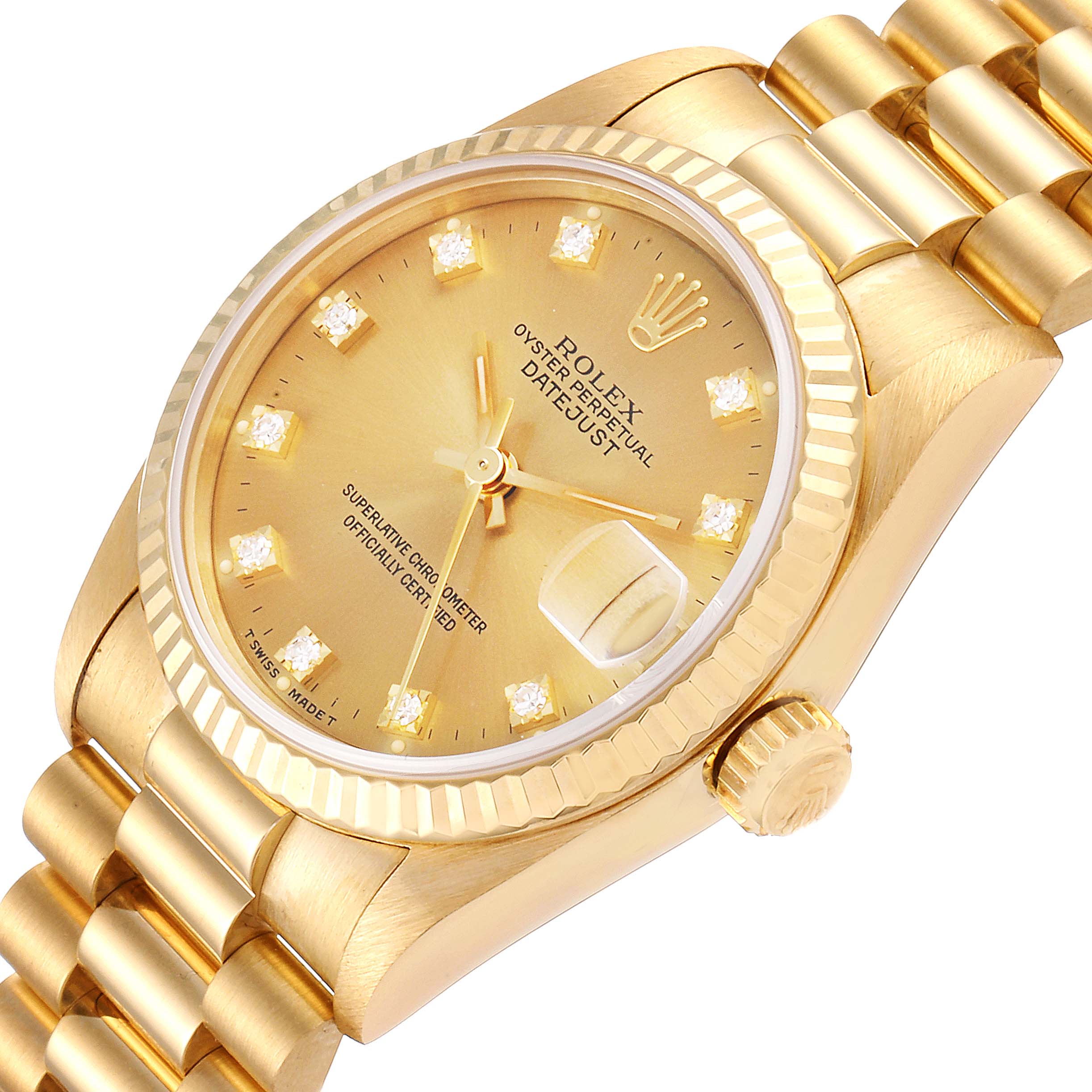 The image shows a close-up view of the Rolex President 68278 Women
s Yellow Gold Champagne Dial 68278 Women
s Yellow Gold Champagne Dial model watch, highlighting its face, bezel, and bracelet.