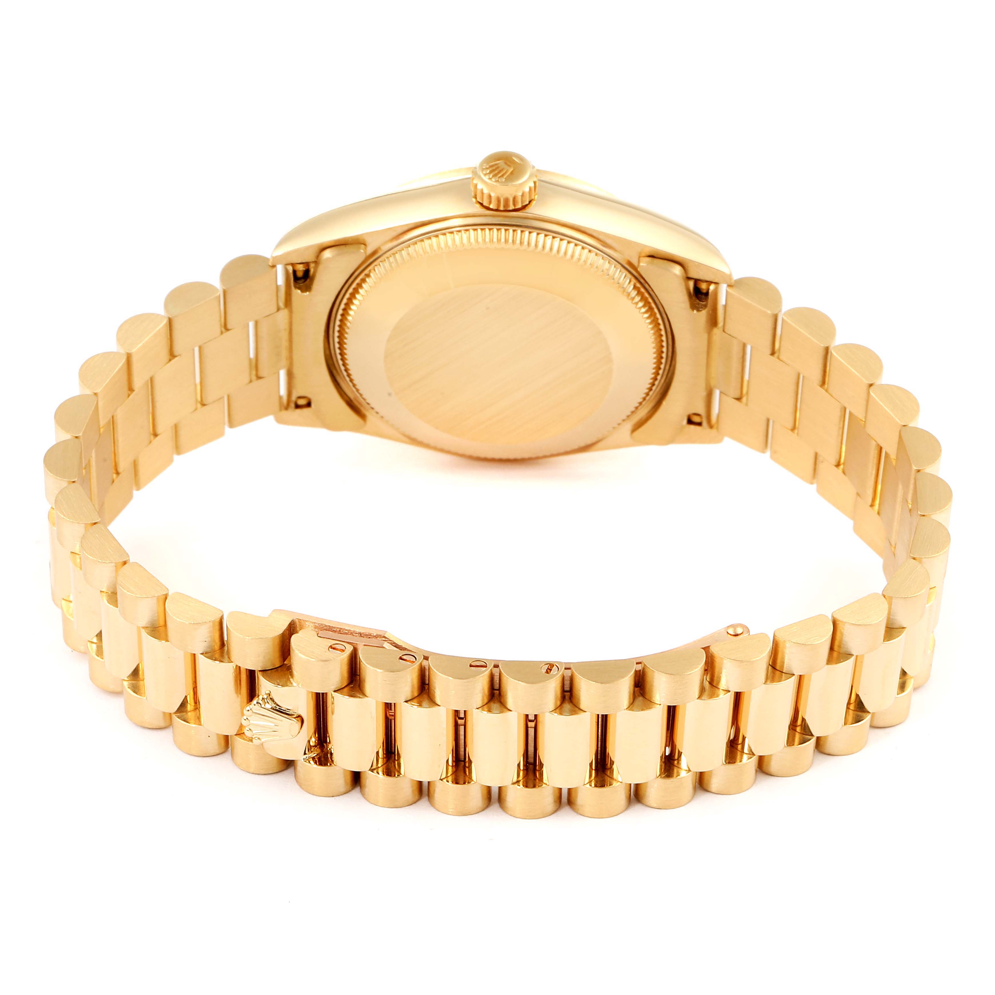 This is a view of the back and bracelet of a Rolex President 68278 Women
s Yellow Gold Champagne Dial 68278 Women
s Yellow Gold Champagne Dial model watch, showing the clasp and case back.