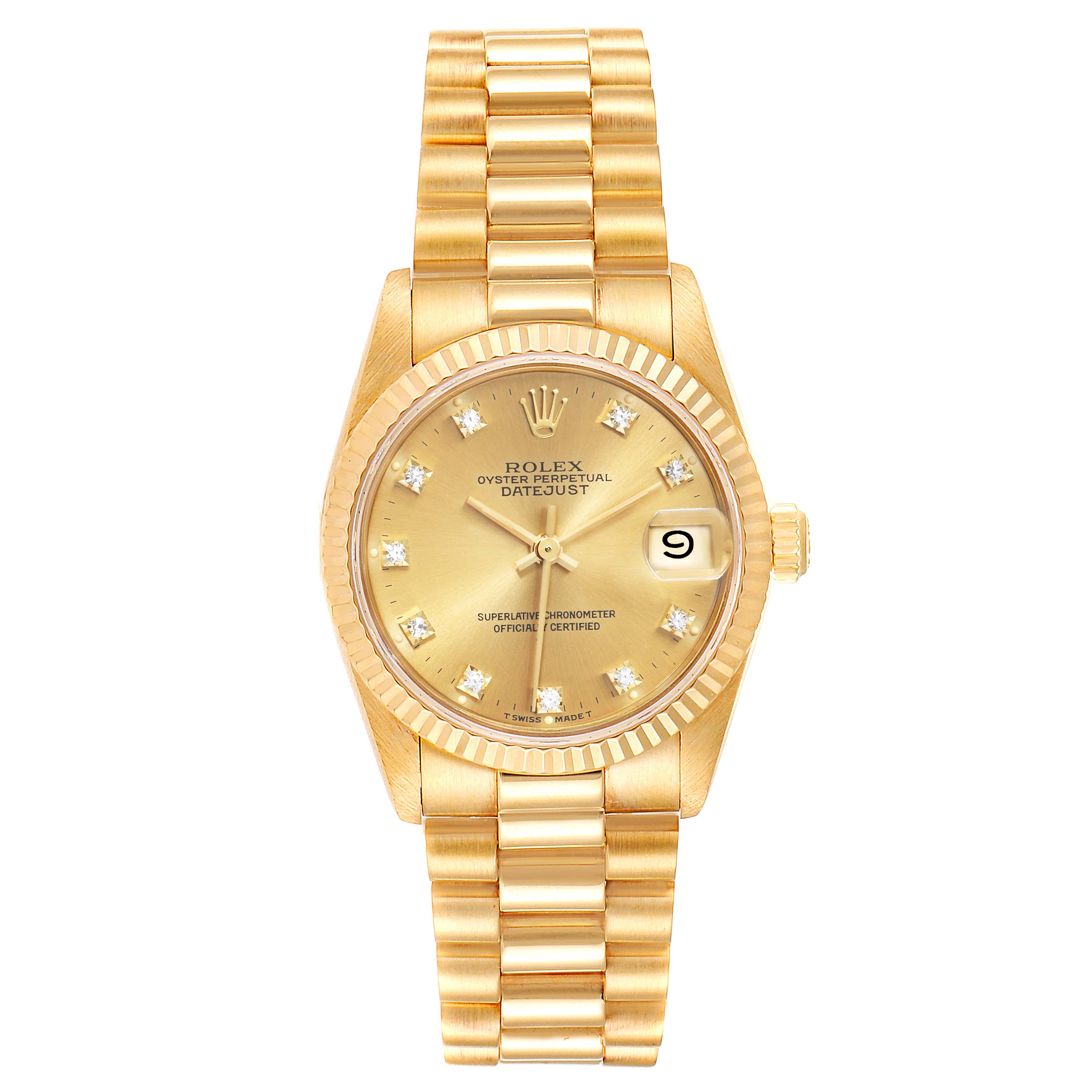The image shows a front view of a Rolex President 68278 Women
s Yellow Gold Champagne Dial 68278 Women
s Yellow Gold Champagne Dial model watch, highlighting its gold bracelet, dial, and date display.