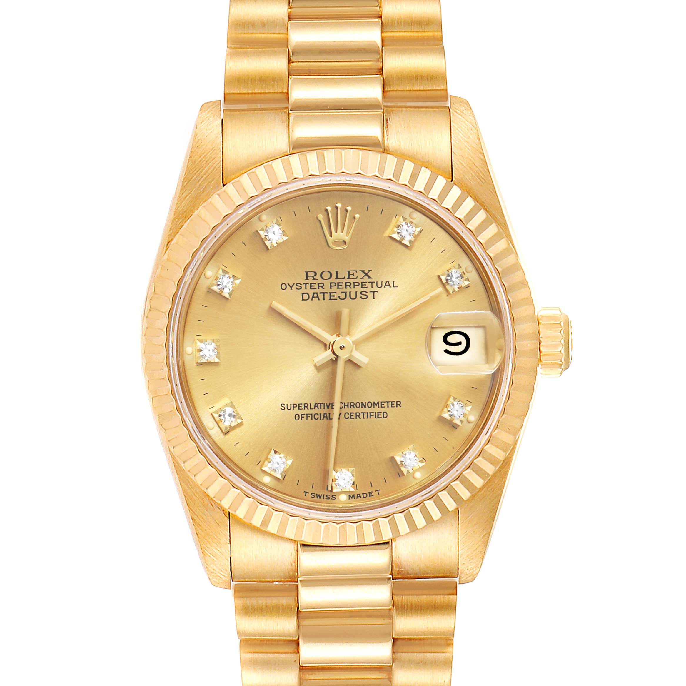 This image shows a front view of a gold Rolex Oyster Perpetual Datejust President watch with a fluted bezel and diamond hour markers.