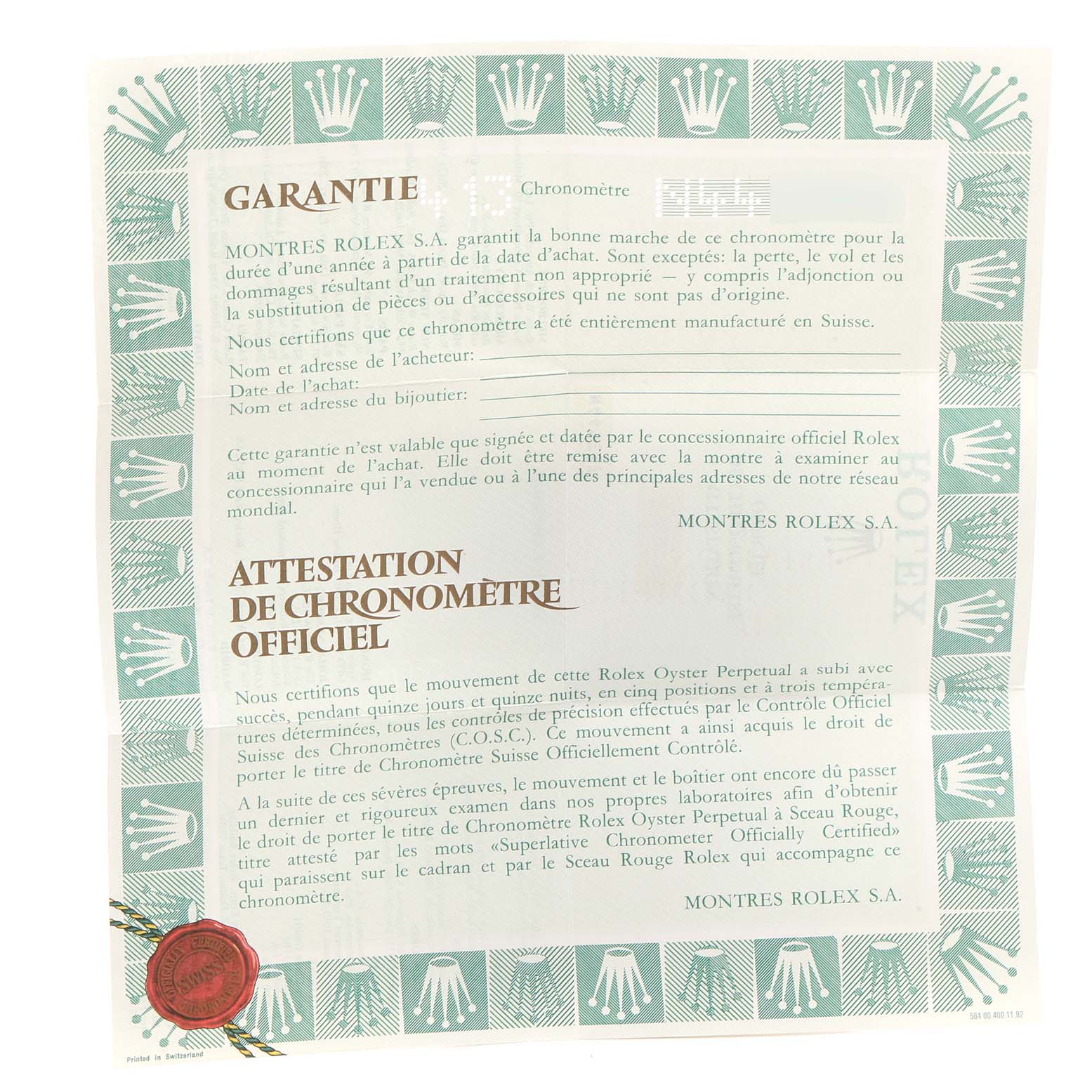 This image shows the warranty and certification paper for a Rolex President 68278 Women
s Yellow Gold Champagne Dial 68278 Women
s Yellow Gold Champagne Dial model watch.