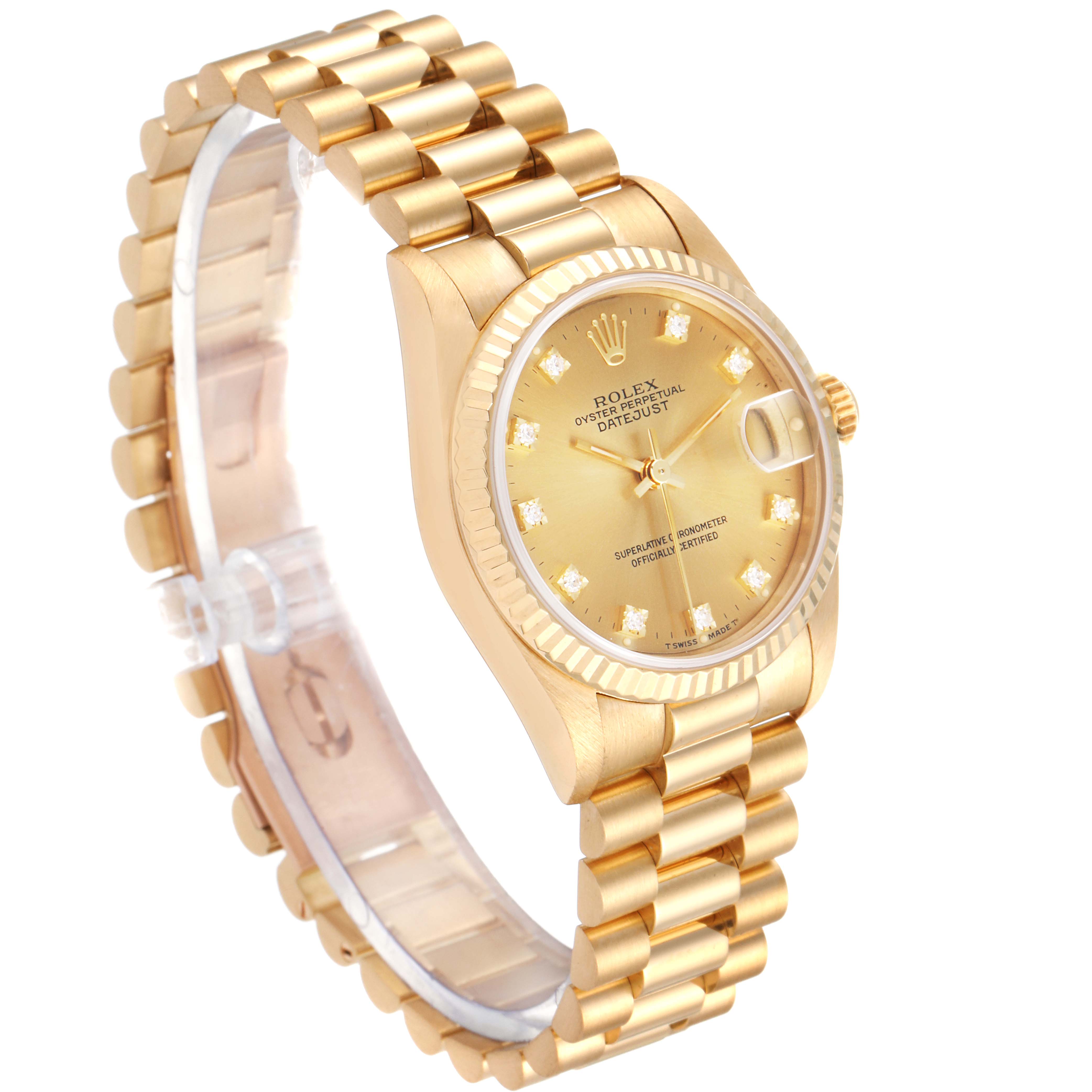 The image shows a Rolex President 68278 Women
s Yellow Gold Champagne Dial 68278 Women
s Yellow Gold Champagne Dial model watch at a slight angle, highlighting its golden bracelet, dial, and date window.