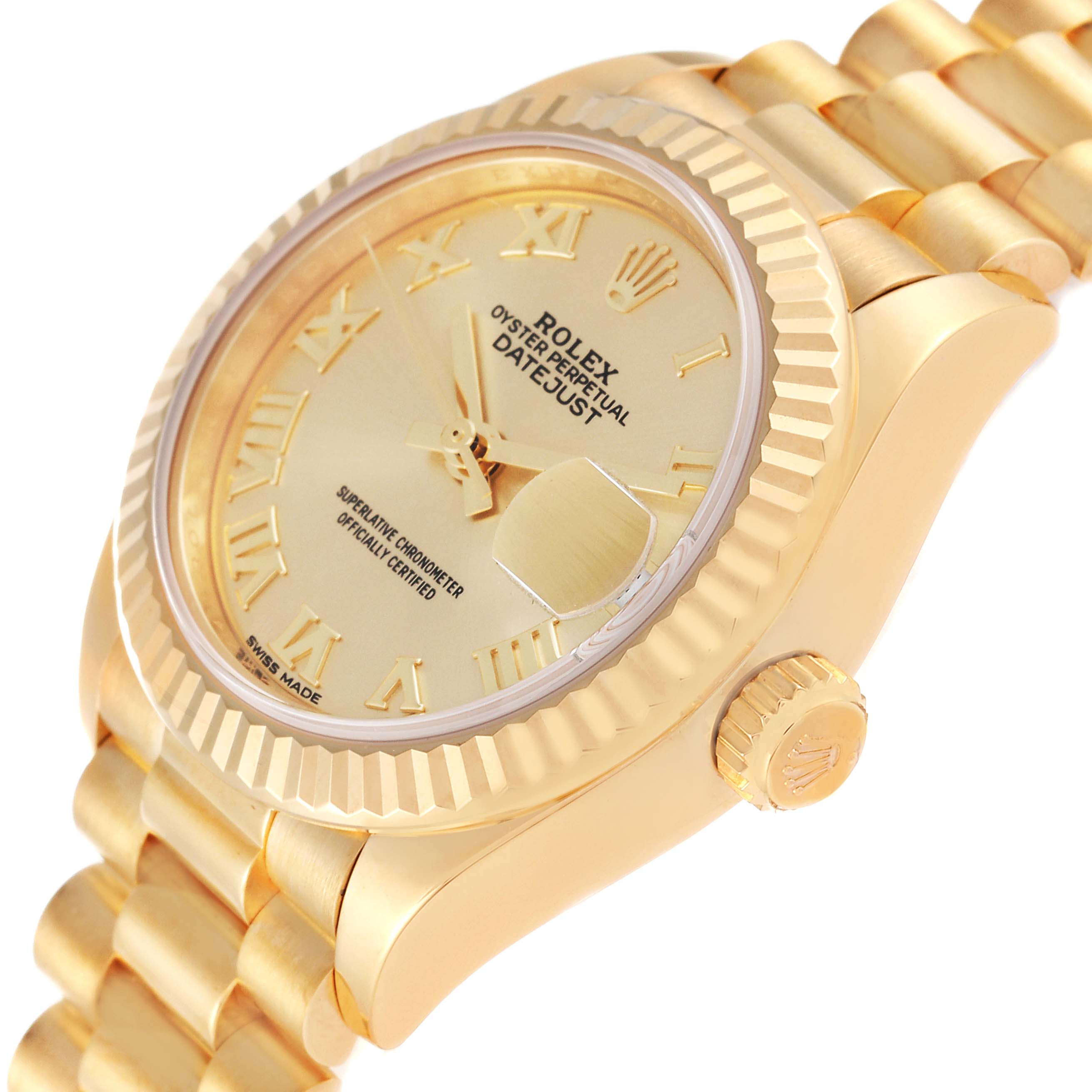 The image shows a side angle of the Rolex President 279178 Women
s Yellow Gold Champagne Dial 279178 Women
s Yellow Gold Champagne Dial watch, highlighting its gold case, crown, bezel, and bracelet.
