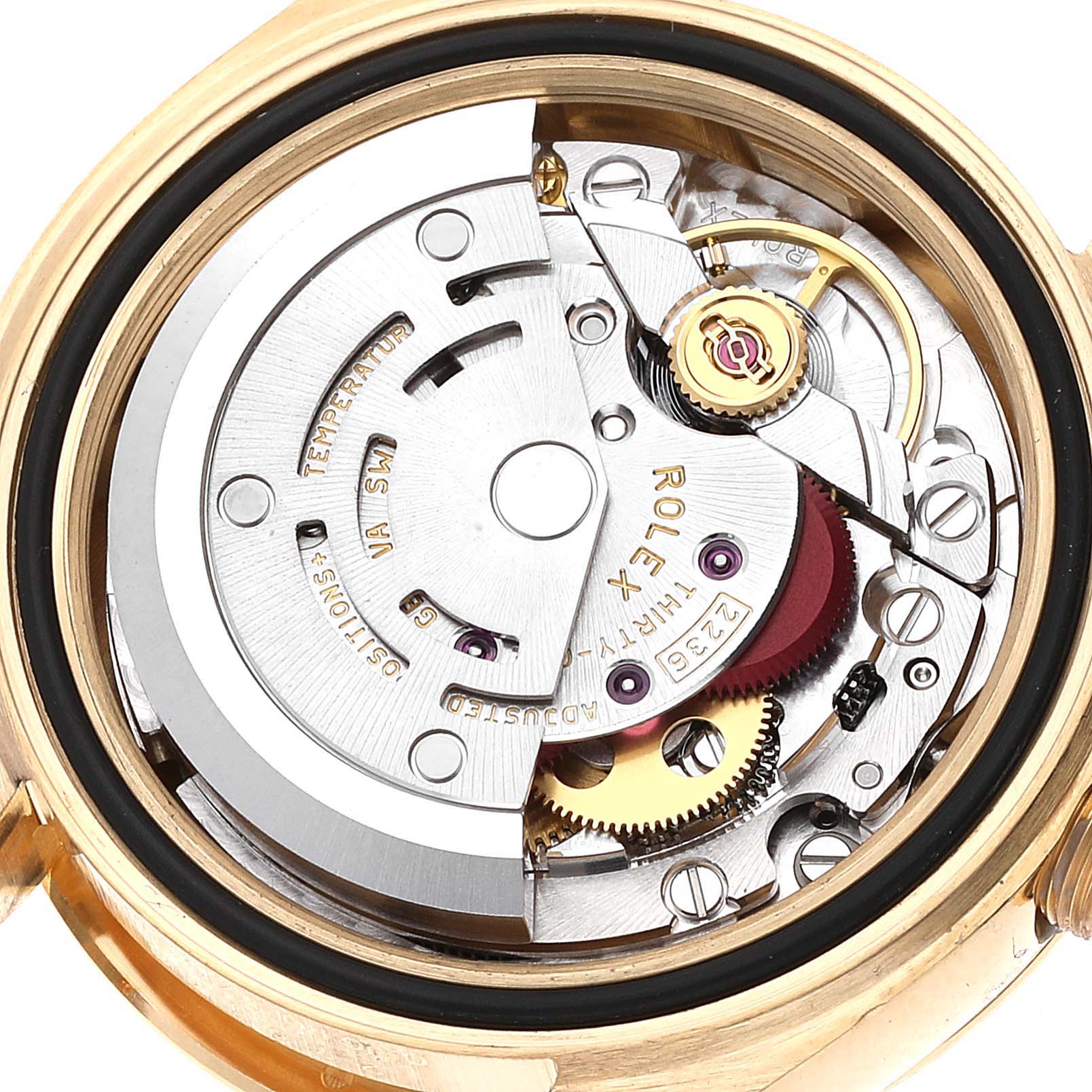 The image shows the internal mechanical movement of a Rolex President 279178 Women
s Yellow Gold Champagne Dial 279178 Women
s Yellow Gold Champagne Dial model watch from a back view angle.