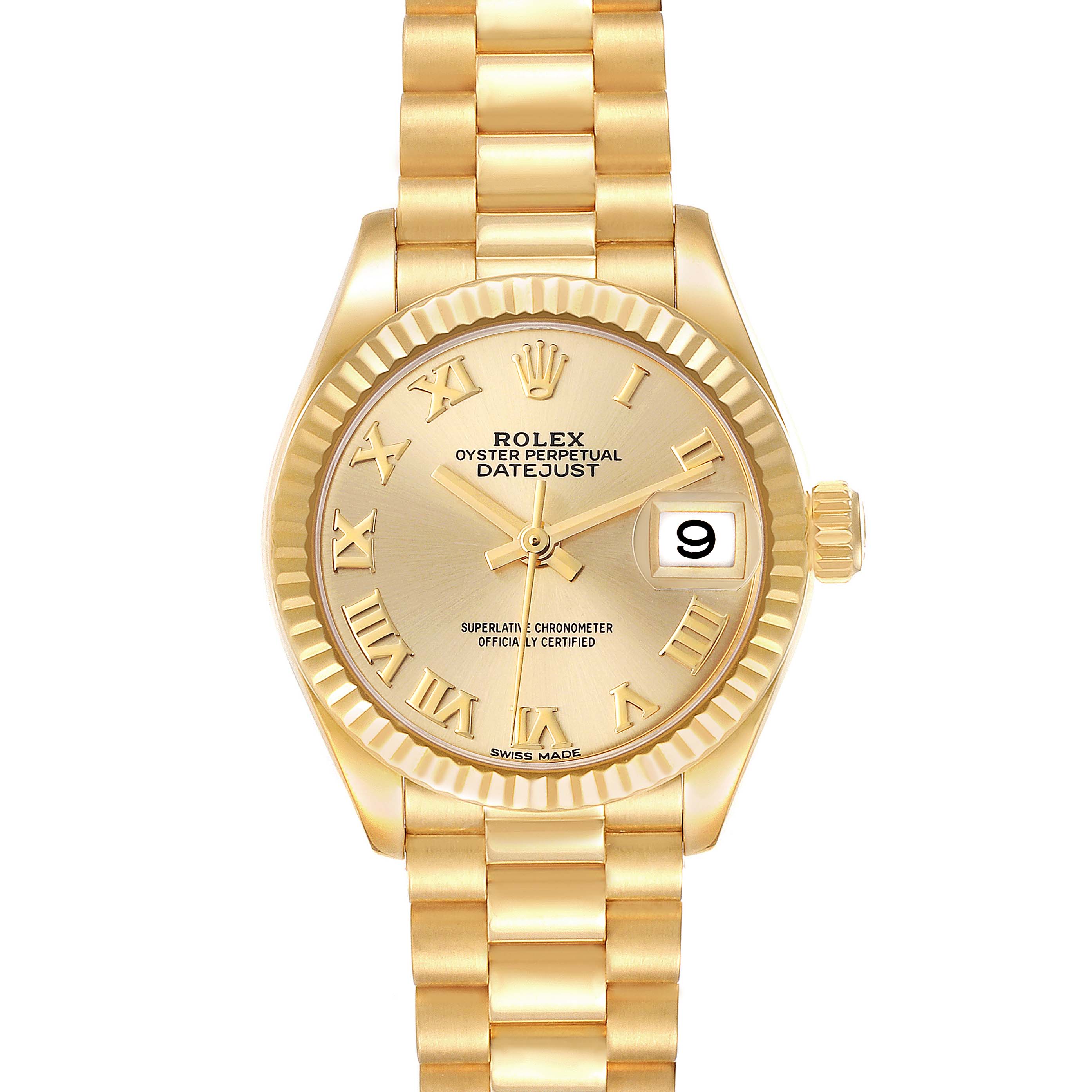 The image shows the front view of the Rolex President 279178 Women
s Yellow Gold Champagne Dial 279178 Women
s Yellow Gold Champagne Dial Oyster Perpetual Datejust watch, displaying its face, bezel, and bracelet.