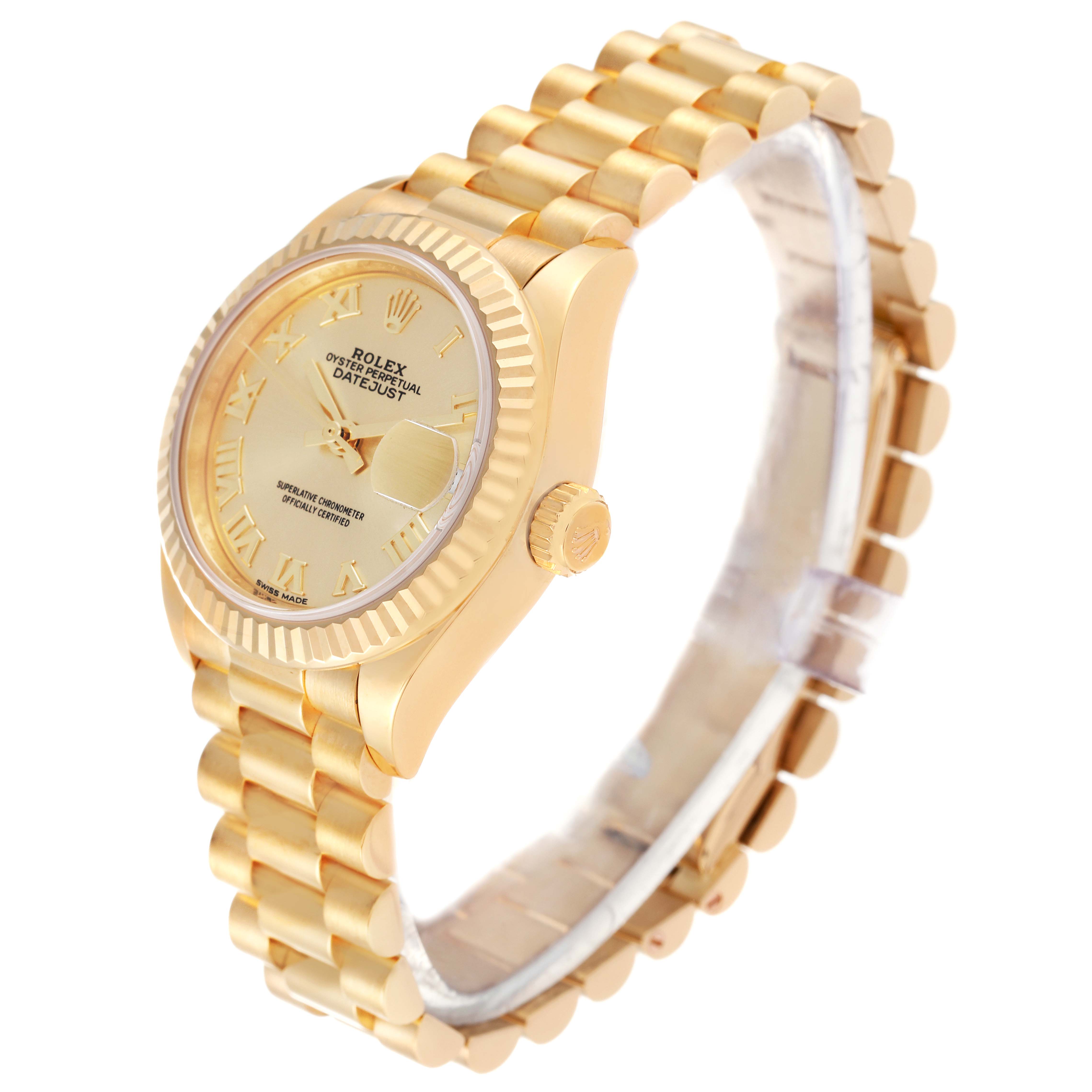 The image shows the Rolex President 279178 Women
s Yellow Gold Champagne Dial 279178 Women
s Yellow Gold Champagne Dial model watch at an angle that displays the face, crown, and bracelet.