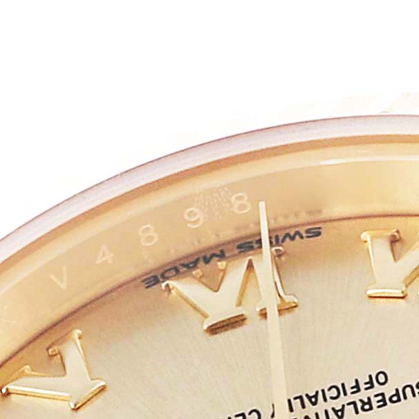 This image shows a close-up of the dial, specifically the Roman numerals and seconds hand, of a Rolex President 279178 Women
s Yellow Gold Champagne Dial 279178 Women
s Yellow Gold Champagne Dial model watch.
