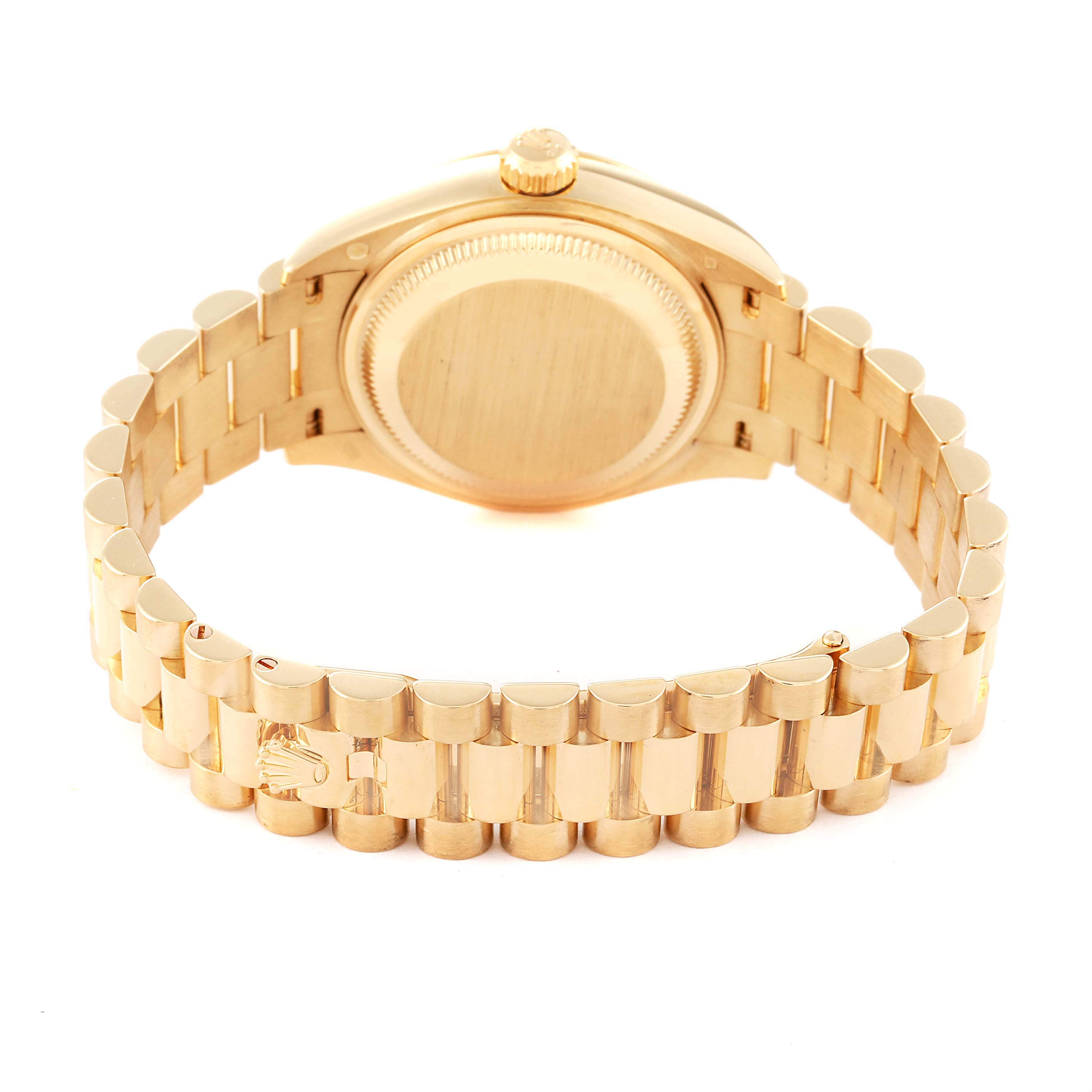 The image shows the backside and bracelet of a Rolex President 279178 Women
s Yellow Gold Champagne Dial 279178 Women
s Yellow Gold Champagne Dial model watch in a gold finish.