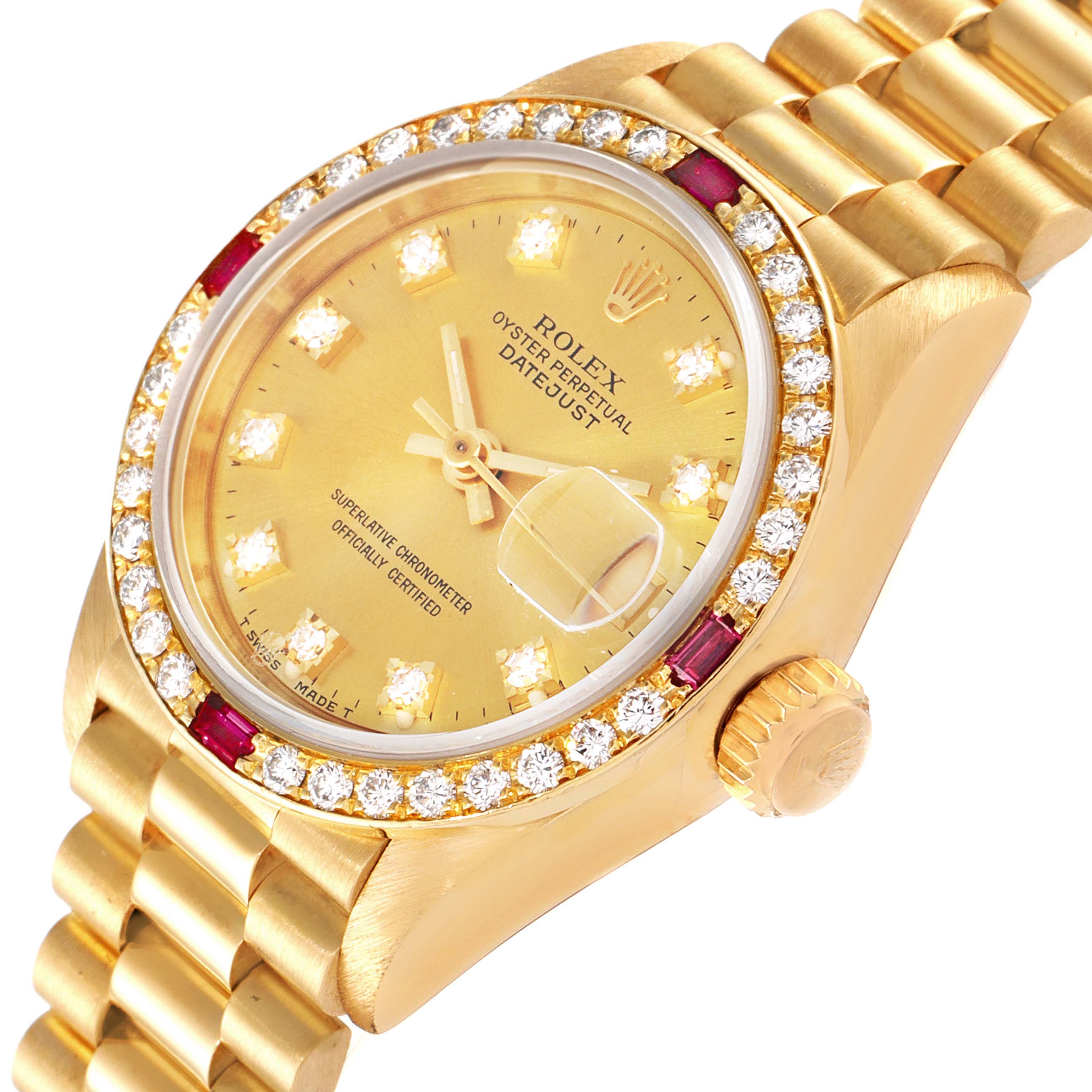 The image shows a close-up angle of a Rolex President 69068 Women
s Yellow Gold Champagne Dial 69068 Women
s Yellow Gold Champagne Dial model watch, highlighting its face, bezel, crown, and part of the bracelet.