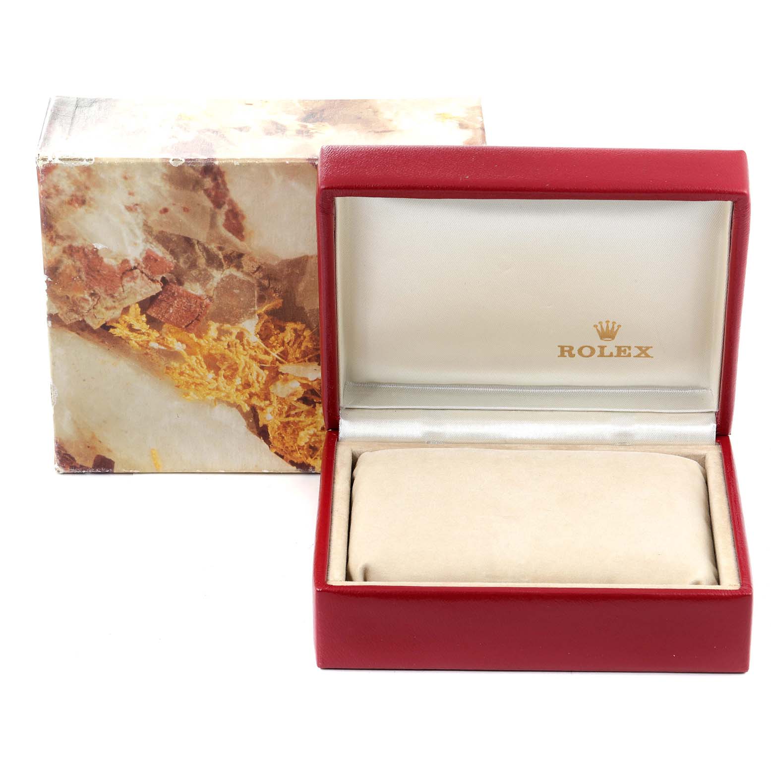 This image shows an open Rolex President 69068 Women
s Yellow Gold Champagne Dial 69068 Women
s Yellow Gold Champagne Dial watch box from a frontal angle, with the lid displaying the Rolex logo.