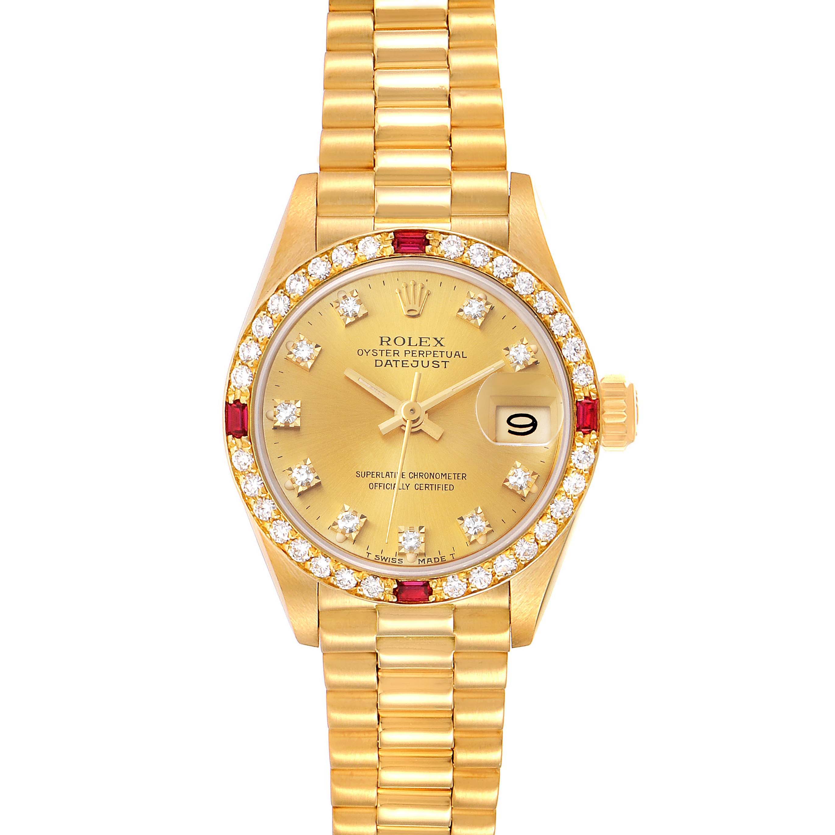 The image shows a front view of a Rolex President 69068 Women
s Yellow Gold Champagne Dial 69068 Women
s Yellow Gold Champagne Dial Datejust watch, highlighting its gold dial, diamond markers, and bracelet.