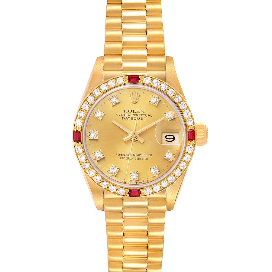 Rolex President Datejust Yellow Gold Diamond Ruby Ladies Watch 69068 SwissWatchExpo