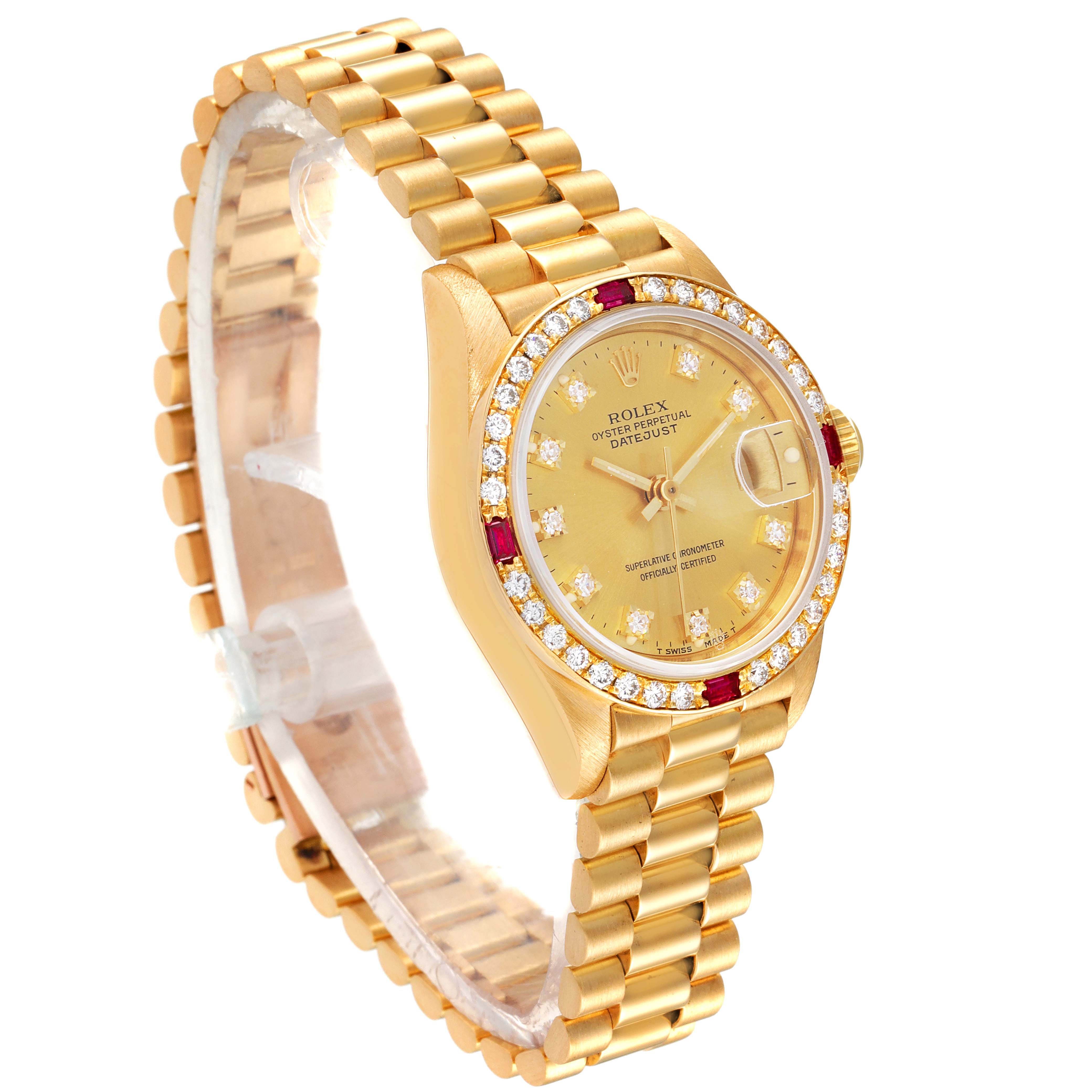 The image shows a side-angle view of a gold Rolex President 69068 Women
s Yellow Gold Champagne Dial 69068 Women
s Yellow Gold Champagne Dial model watch, showcasing its dial, bezel, and bracelet.