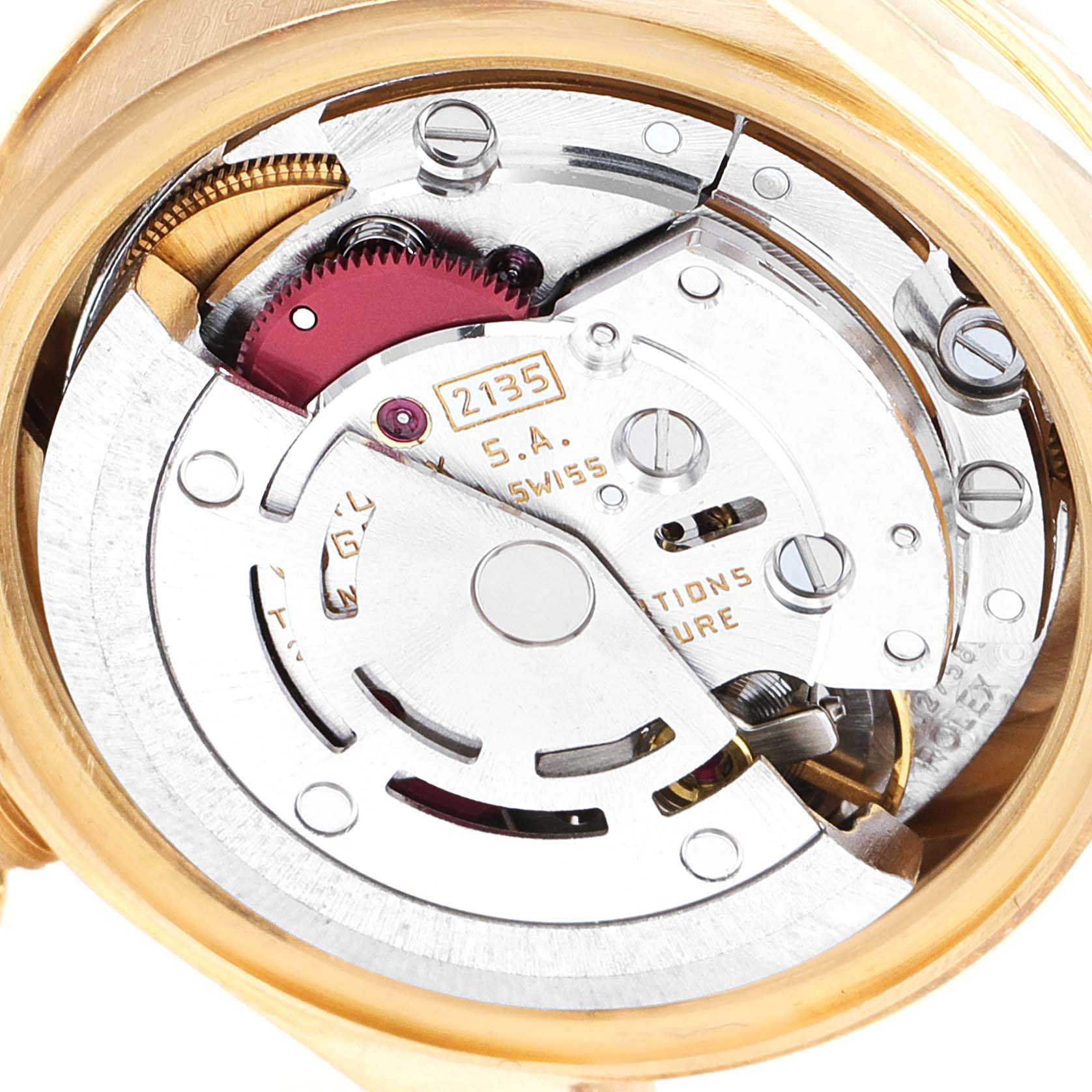 This is a close-up view of the movement and inner mechanism of a Rolex President 69068 Women
s Yellow Gold Champagne Dial 69068 Women
s Yellow Gold Champagne Dial model watch.