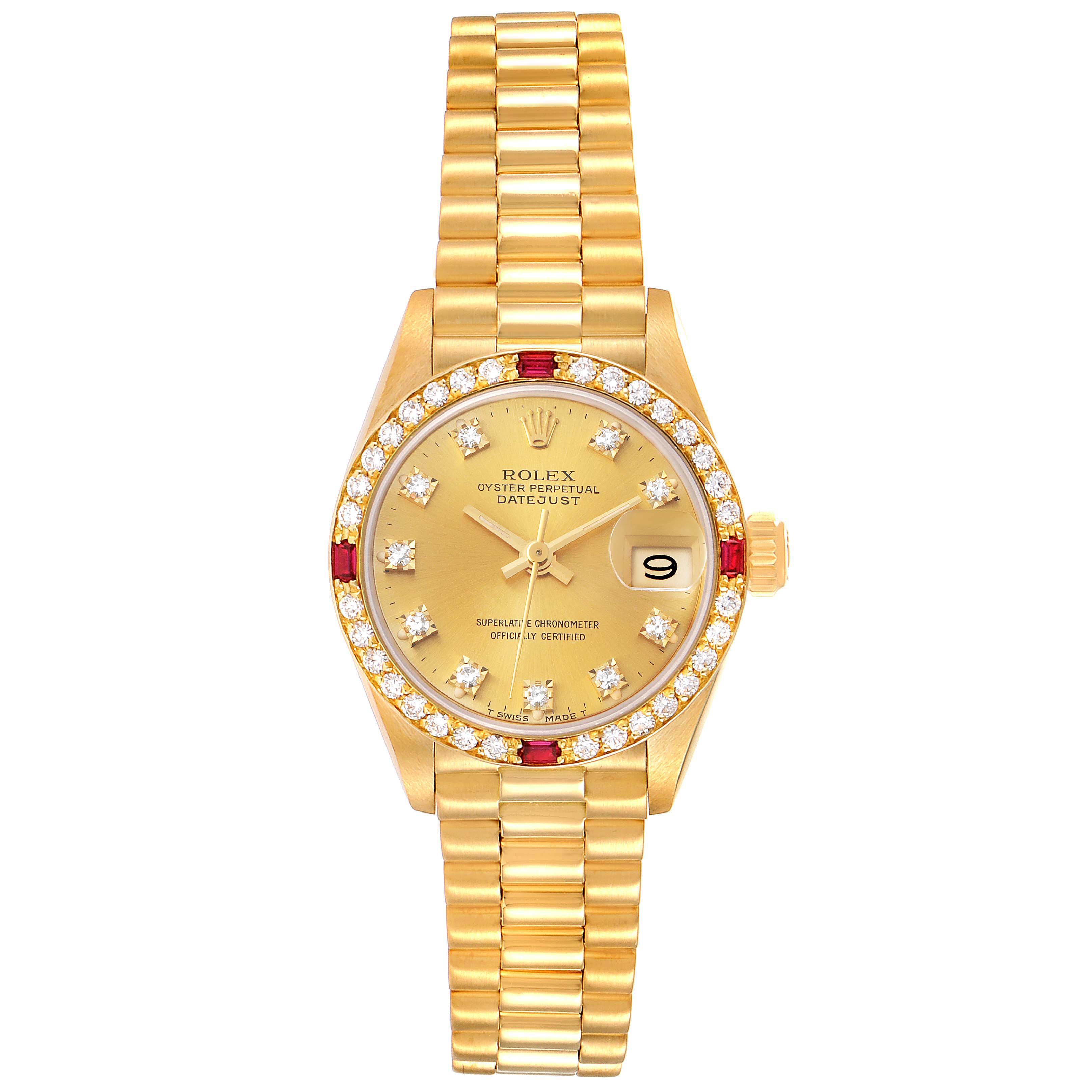 The image shows a top-down view of the Rolex President 69068 Women
s Yellow Gold Champagne Dial 69068 Women
s Yellow Gold Champagne Dial watch, featuring its gold bracelet, jeweled bezel, and date display.