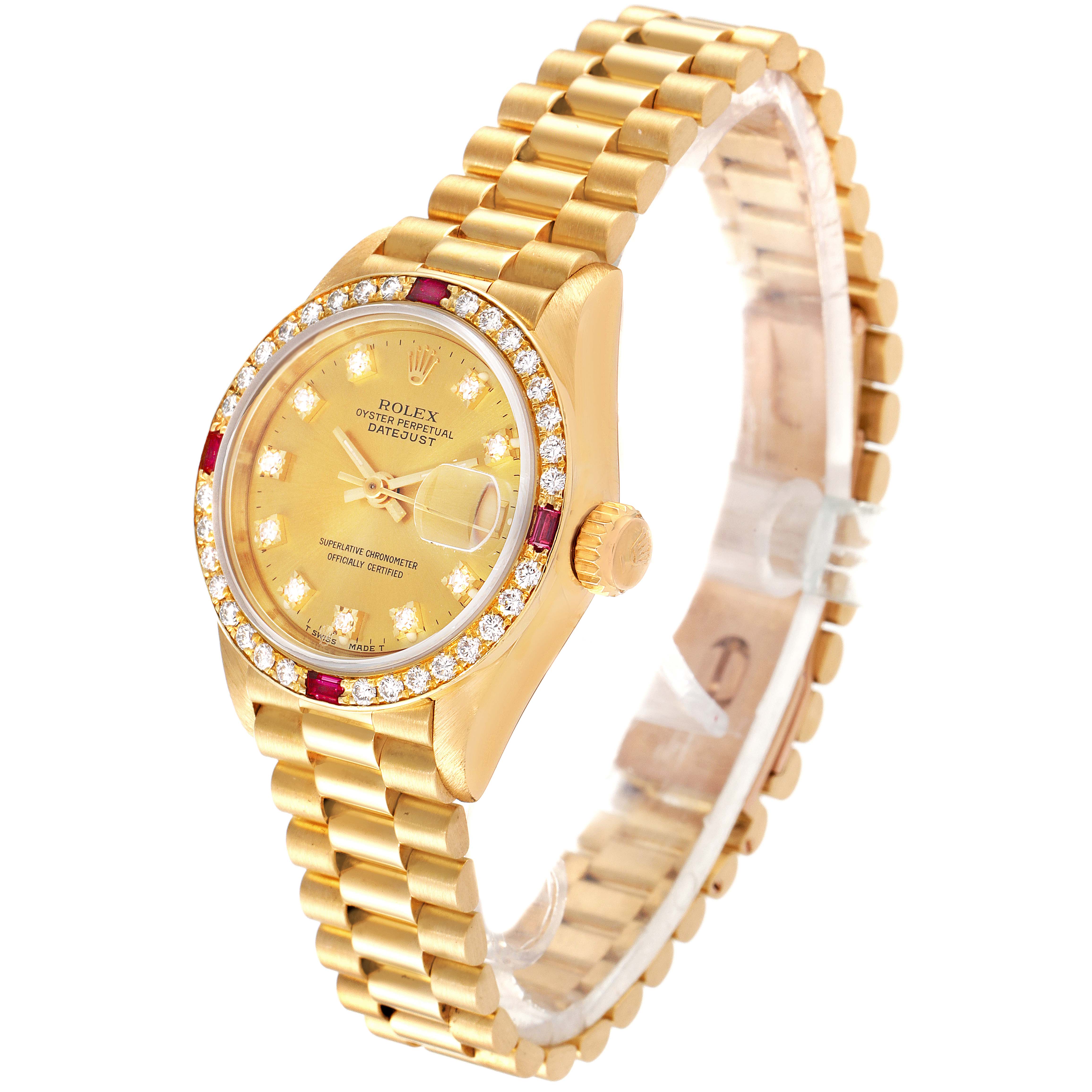 The image shows a side angle of a Rolex President 69068 Women
s Yellow Gold Champagne Dial 69068 Women
s Yellow Gold Champagne Dial model watch, highlighting its gold case, diamond bezel, and bracelet.