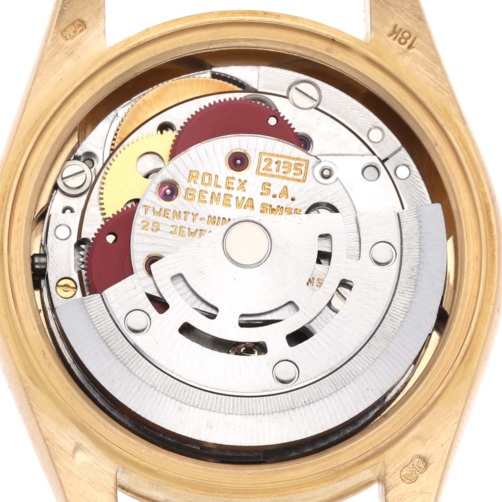 The image shows the movement mechanism of a Rolex President 69178 Women's Yellow Gold White Dial 69178 Women's Yellow Gold White Dial model from a top-down view, highlighting its components.