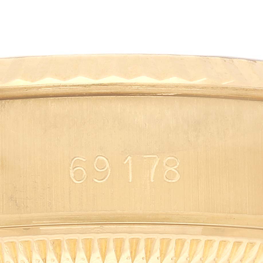 The image shows a close-up of the model number "69178" engraved on the side of a Rolex President 69178 Women's Yellow Gold White Dial 69178 Women's Yellow Gold White Dial watch's case.