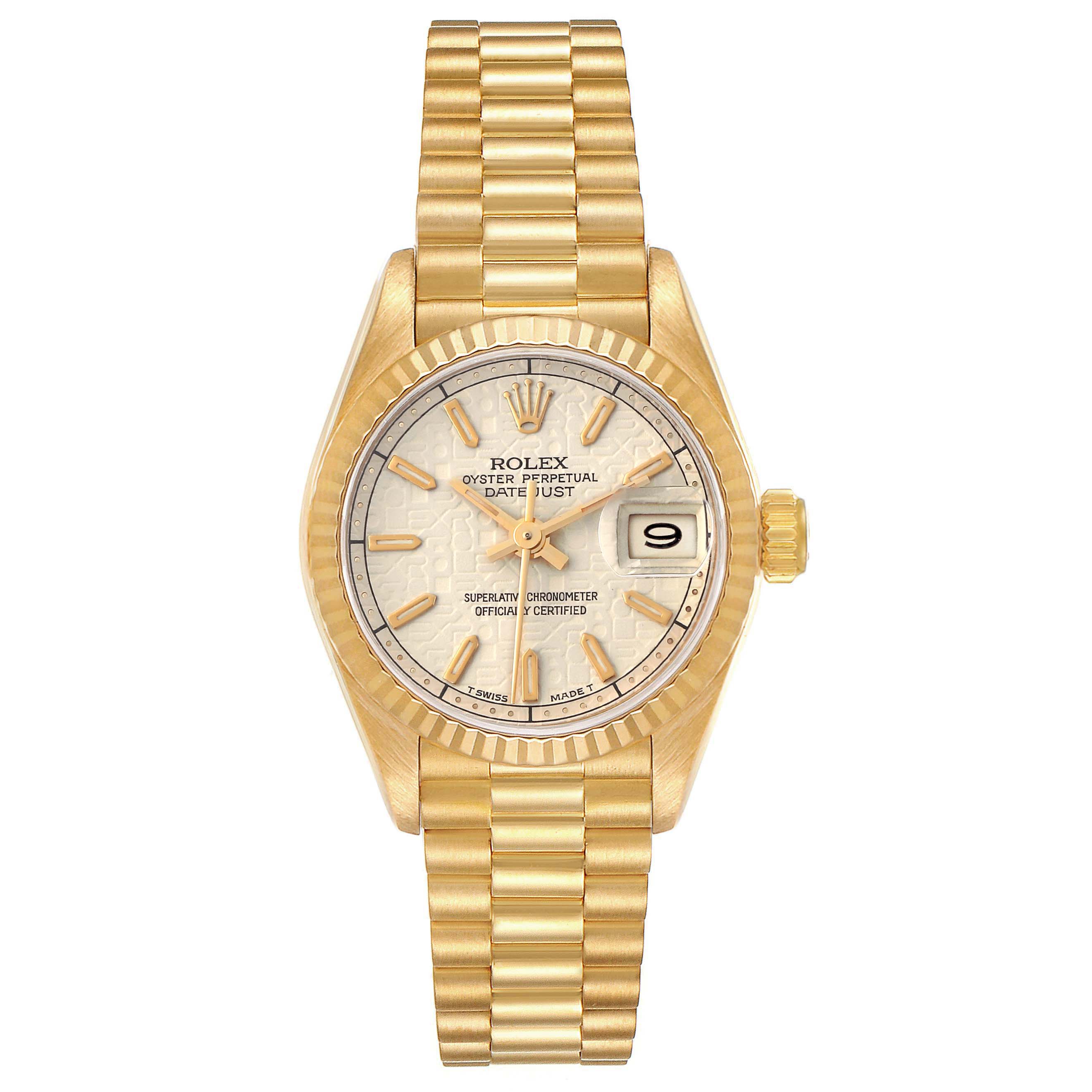 The Rolex President 69178 Women's Yellow Gold White Dial 69178 Women's Yellow Gold White Dial model is shown from a top-down angle, highlighting the dial, fluted bezel, and bracelet.