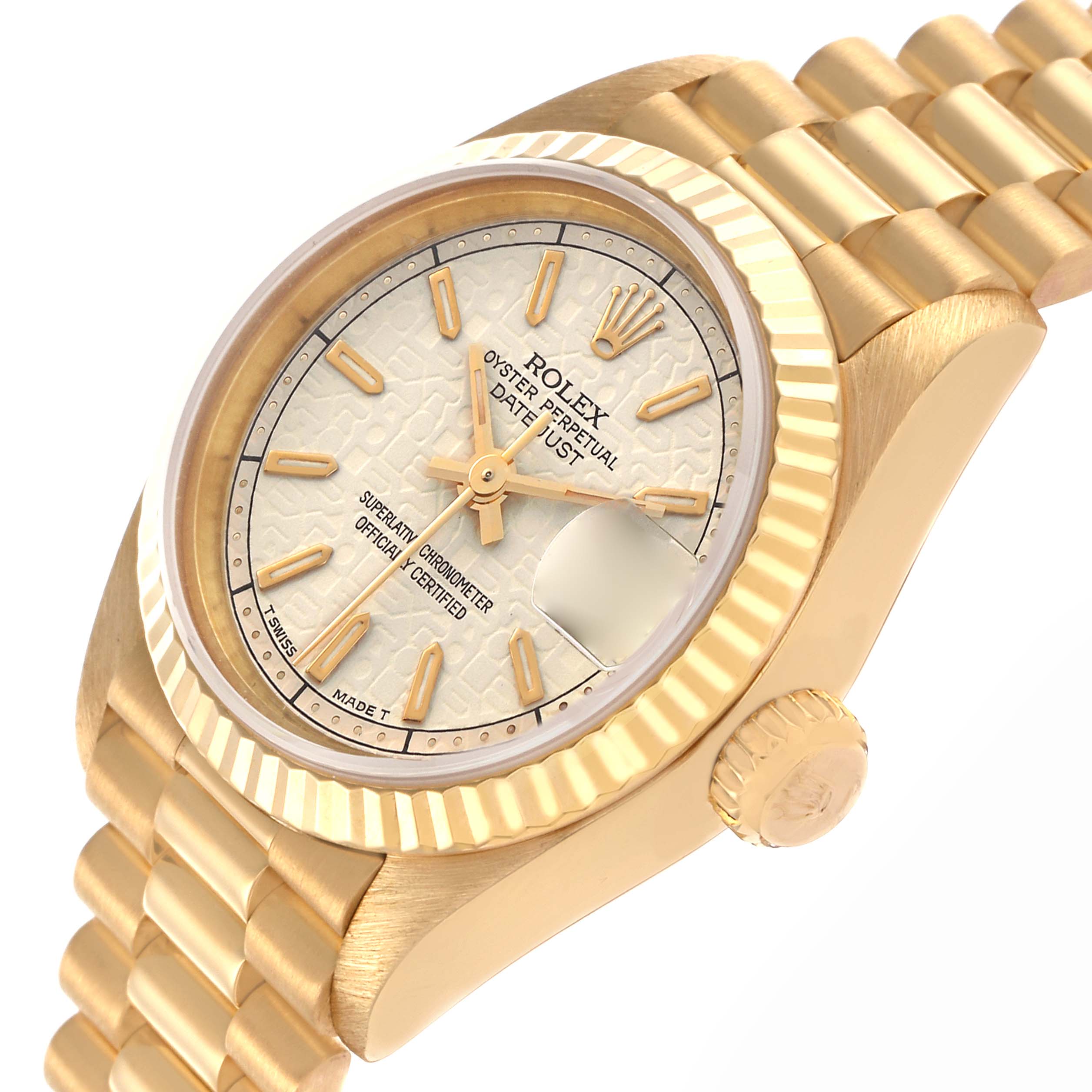 The Rolex President 69178 Women's Yellow Gold White Dial 69178 Women's Yellow Gold White Dial model is shown from an angled view displaying the face, bezel, crown, and part of the bracelet.