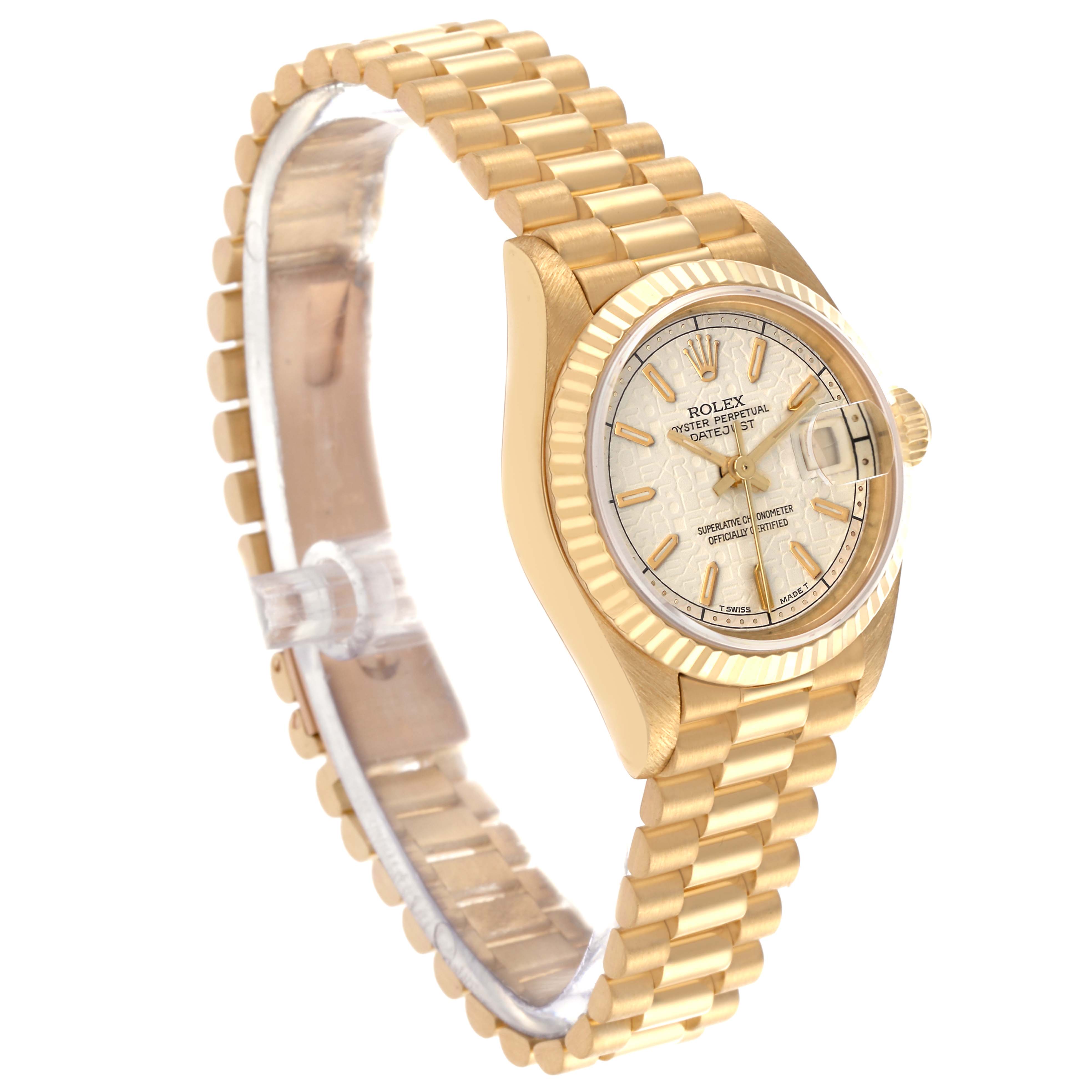 The Rolex President 69178 Women's Yellow Gold White Dial 69178 Women's Yellow Gold White Dial model is shown in a three-quarter view, displaying the dial, bezel, case, and full bracelet.