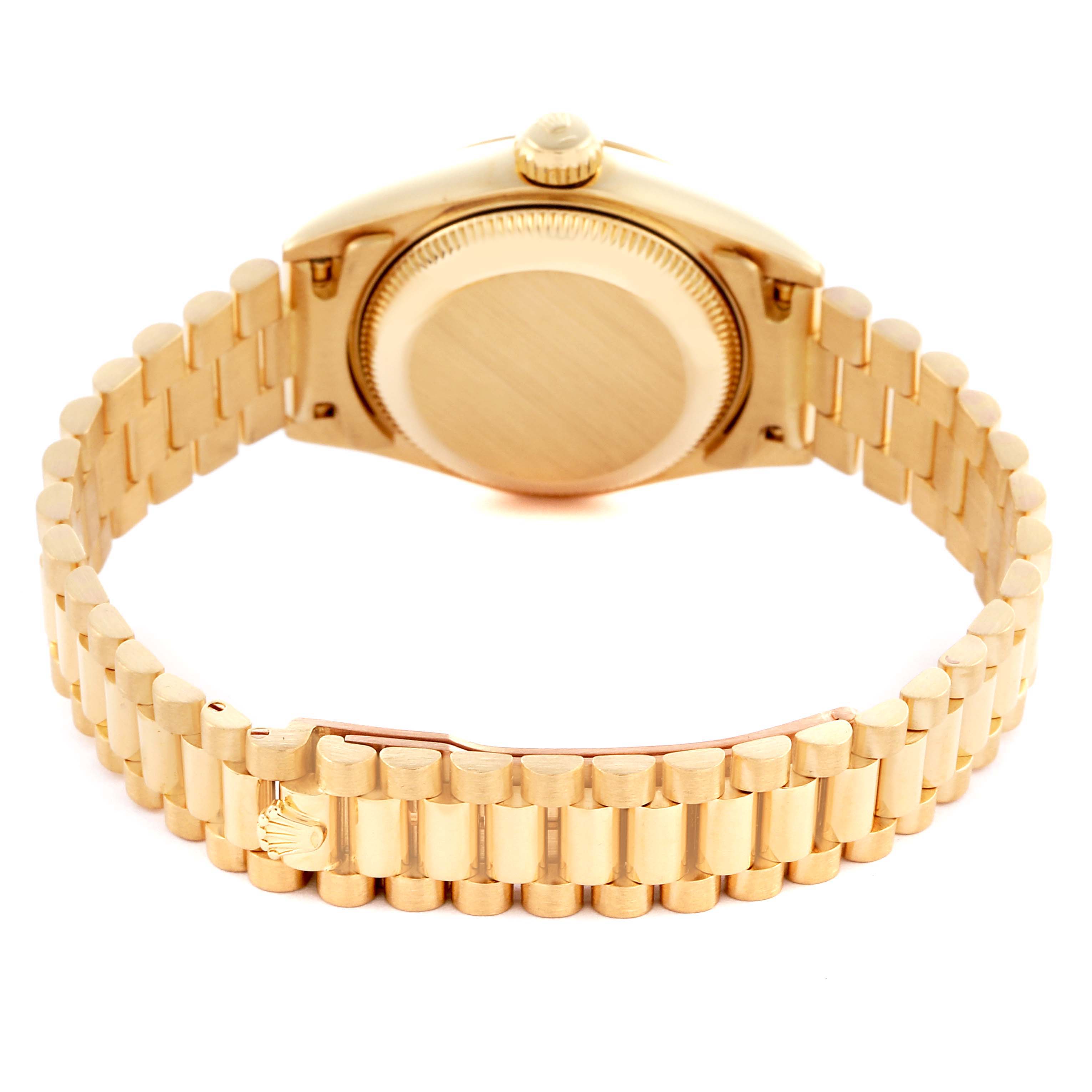 The image shows the back and bracelet of the Rolex President 69178 Women's Yellow Gold White Dial 69178 Women's Yellow Gold White Dial model watch, highlighting its gold finish and clasp.
