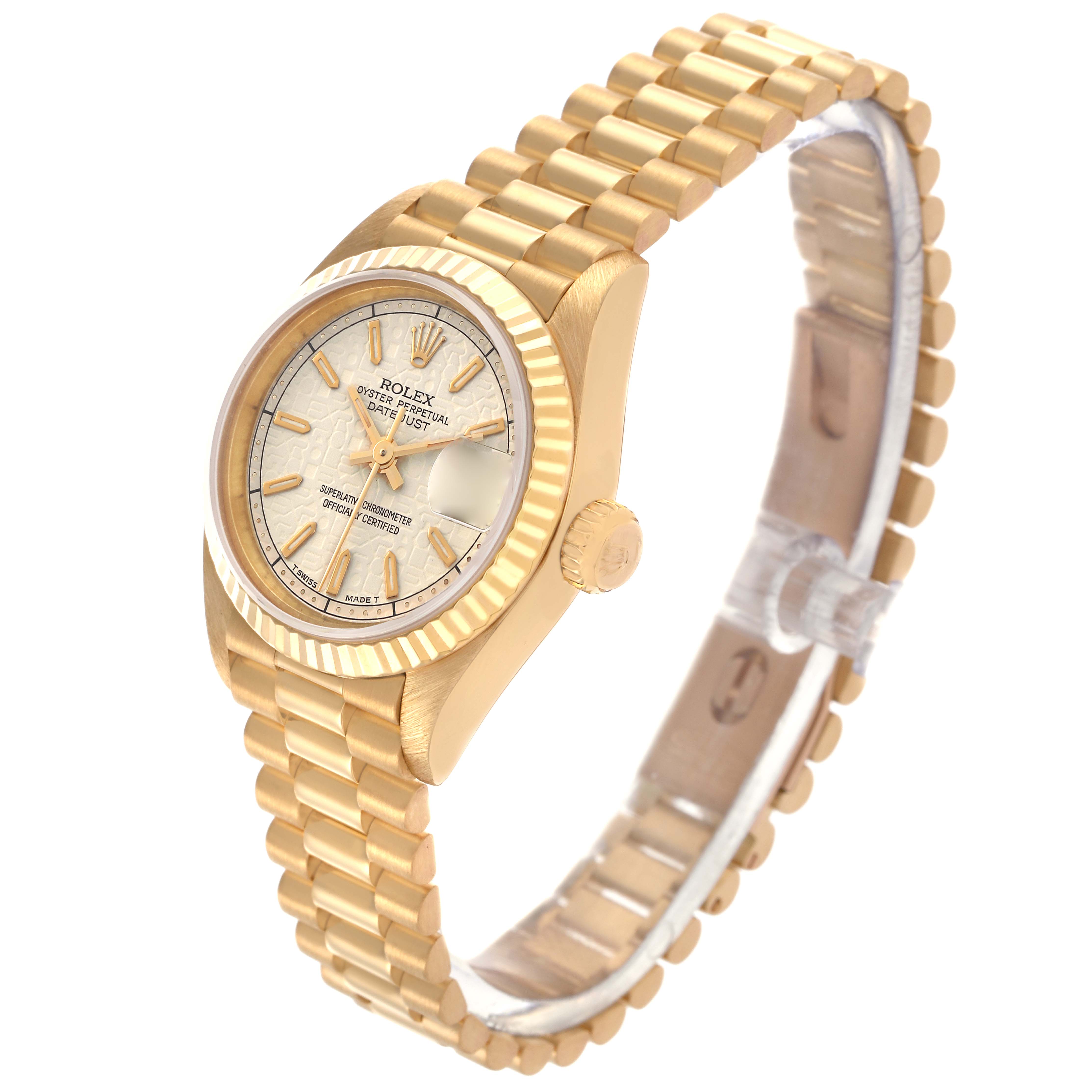The Rolex President 69178 Women's Yellow Gold White Dial 69178 Women's Yellow Gold White Dial watch is shown at an oblique angle, highlighting the gold case, fluted bezel, bracelet, and dial.