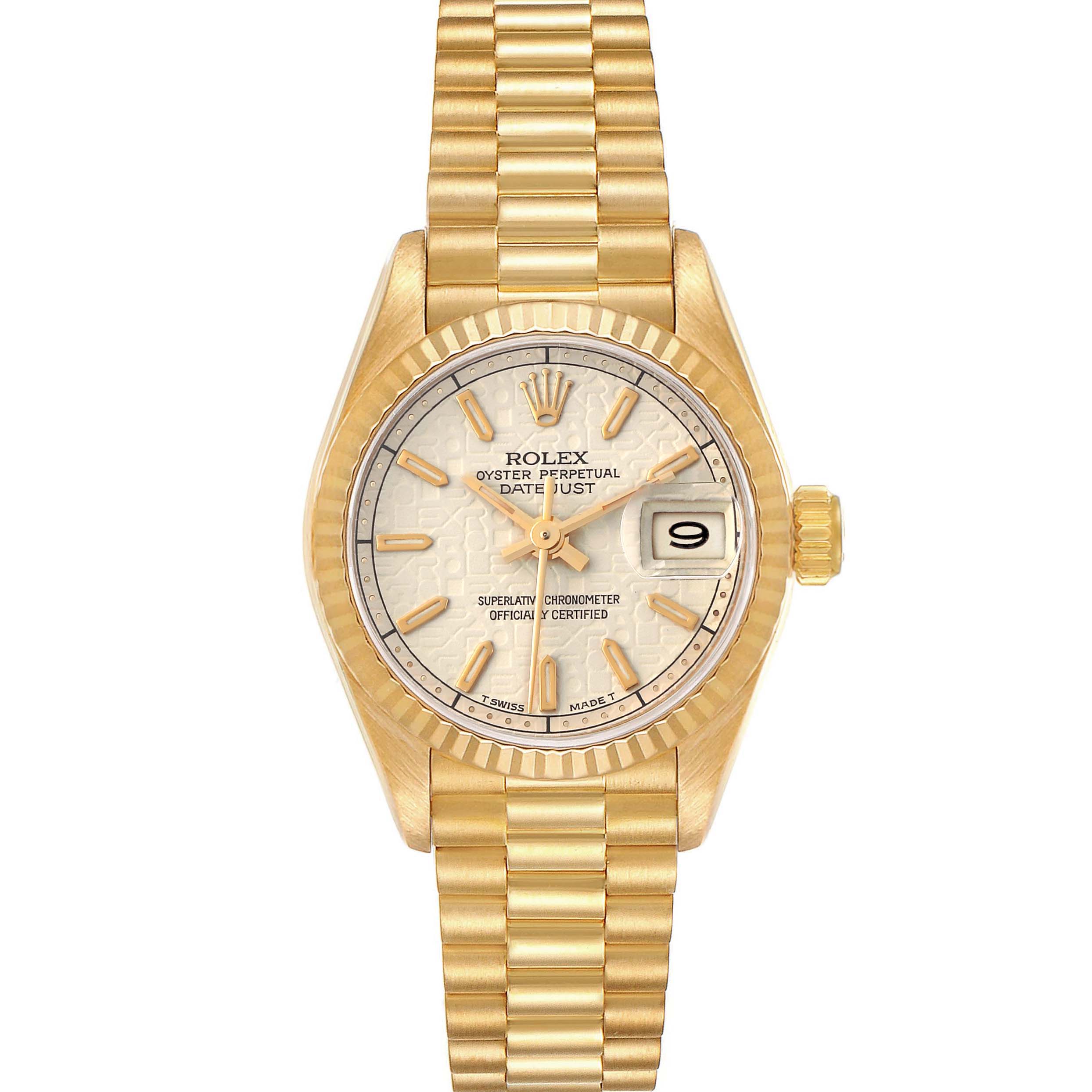 The Rolex President 69178 Women's Yellow Gold White Dial 69178 Women's Yellow Gold White Dial model is shown from a front angle, displaying the dial, hands, date window, bezel, and bracelet.
