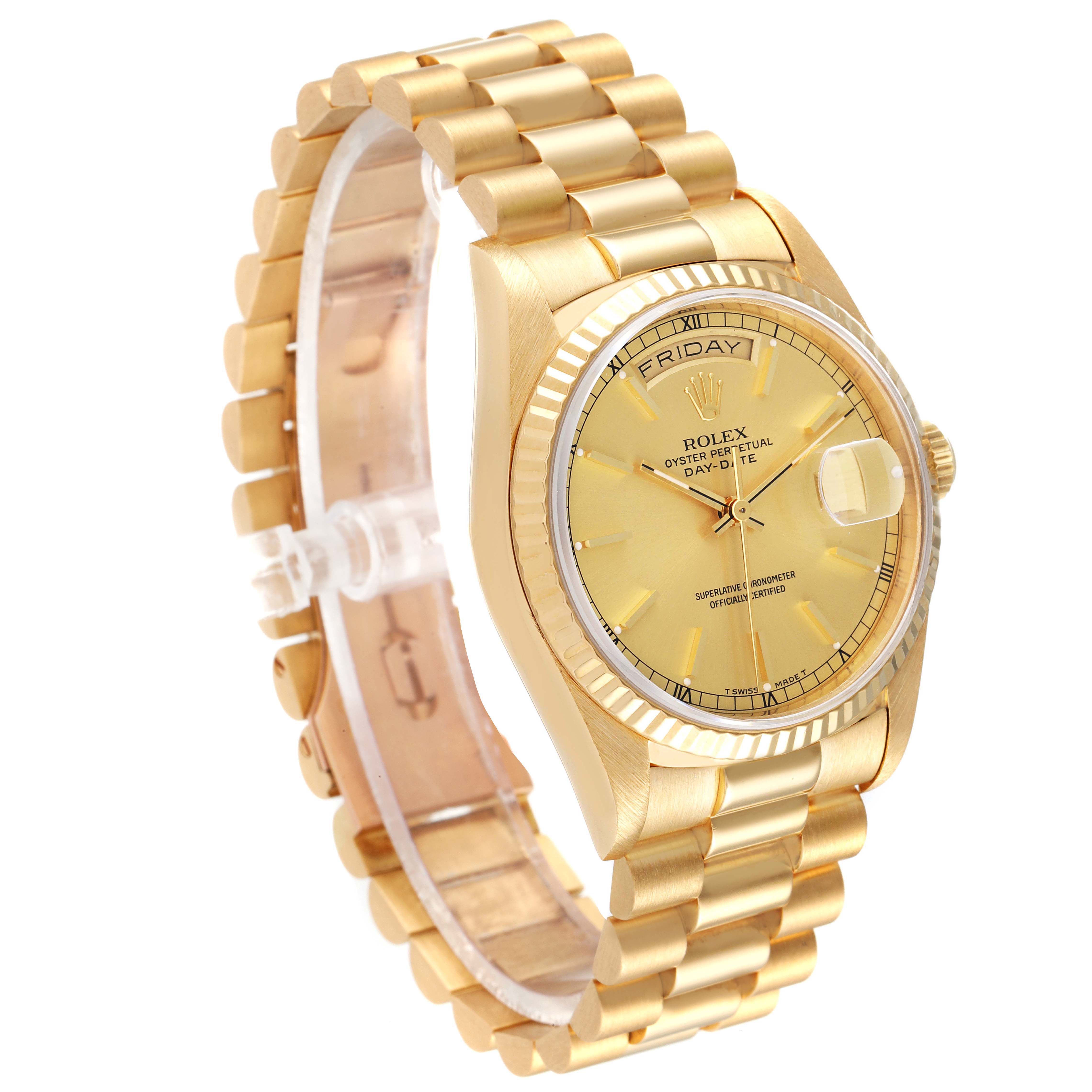 The image shows a gold Rolex President 18238 Men's Yellow Gold Champagne Dial 18238 Men's Yellow Gold Champagne Dial model watch from an angled side view, highlighting the bracelet, dial, and case.