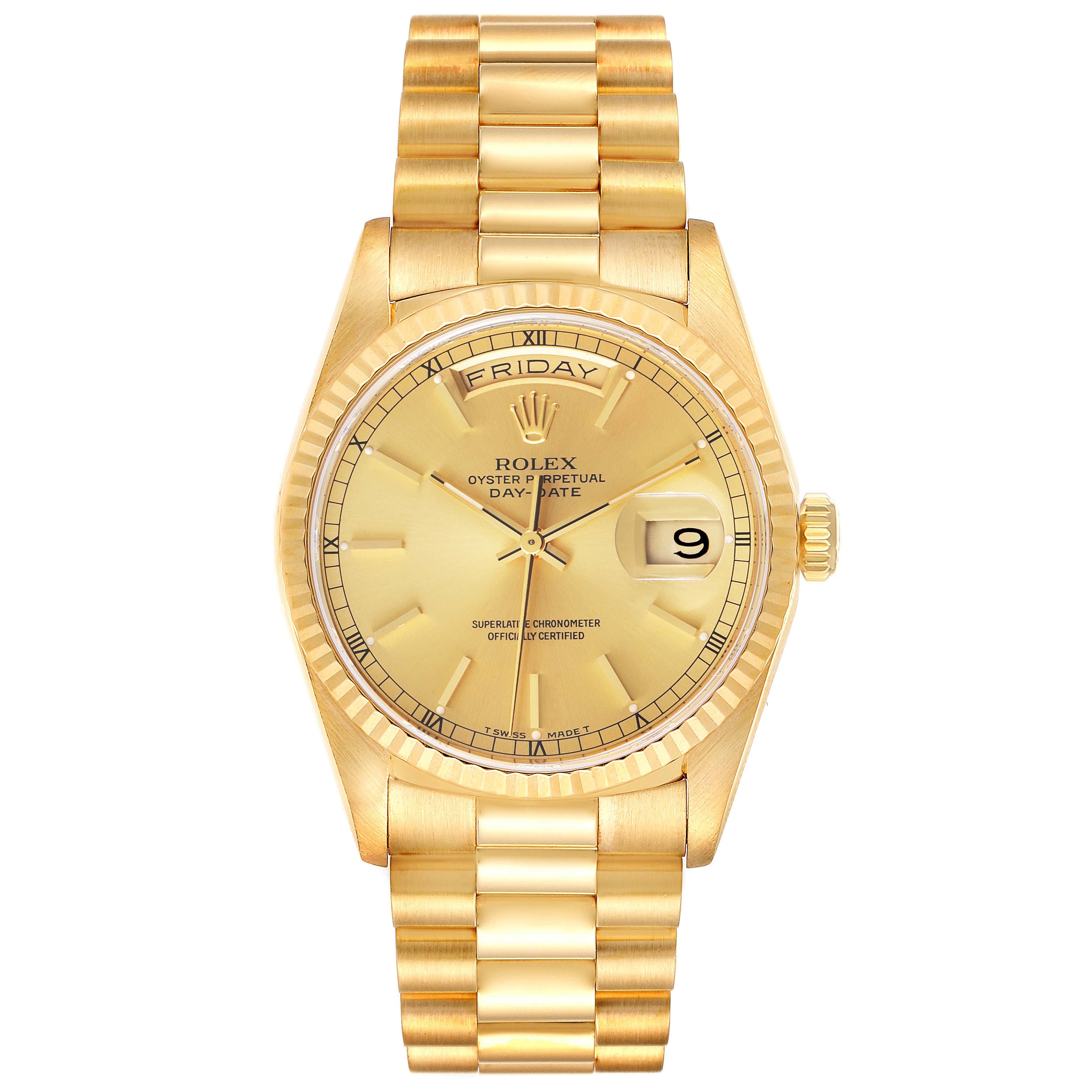 The image shows a frontal view of the Rolex President 18238 Men's Yellow Gold Champagne Dial 18238 Men's Yellow Gold Champagne Dial model, displaying its gold bracelet, dial, day, and date features.