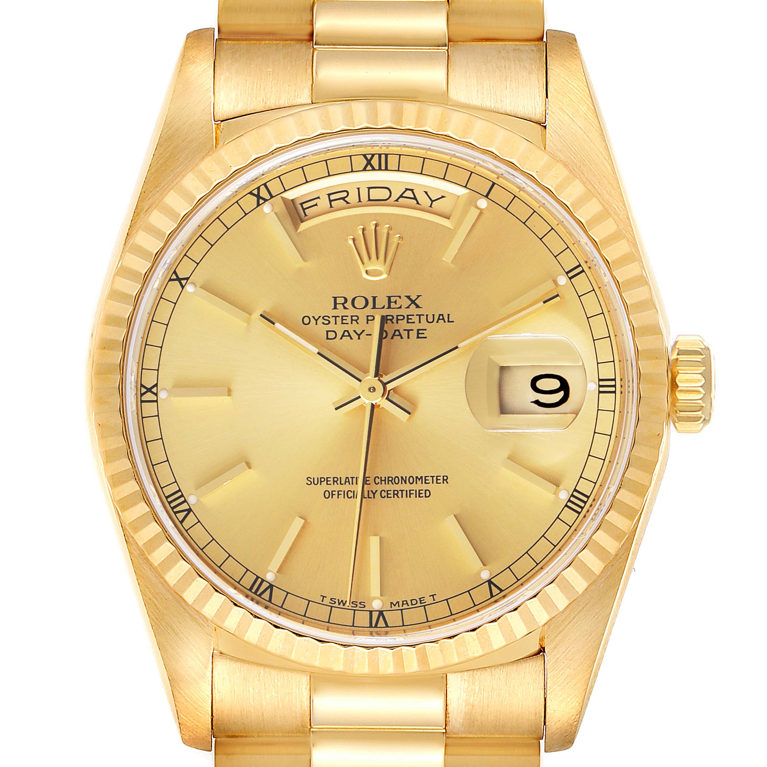 This is a frontal view of the Rolex President 18238 Men's Yellow Gold Champagne Dial 18238 Men's Yellow Gold Champagne Dial Day-Date watch, showcasing the dial, bezel, crown, and part of the bracelet.