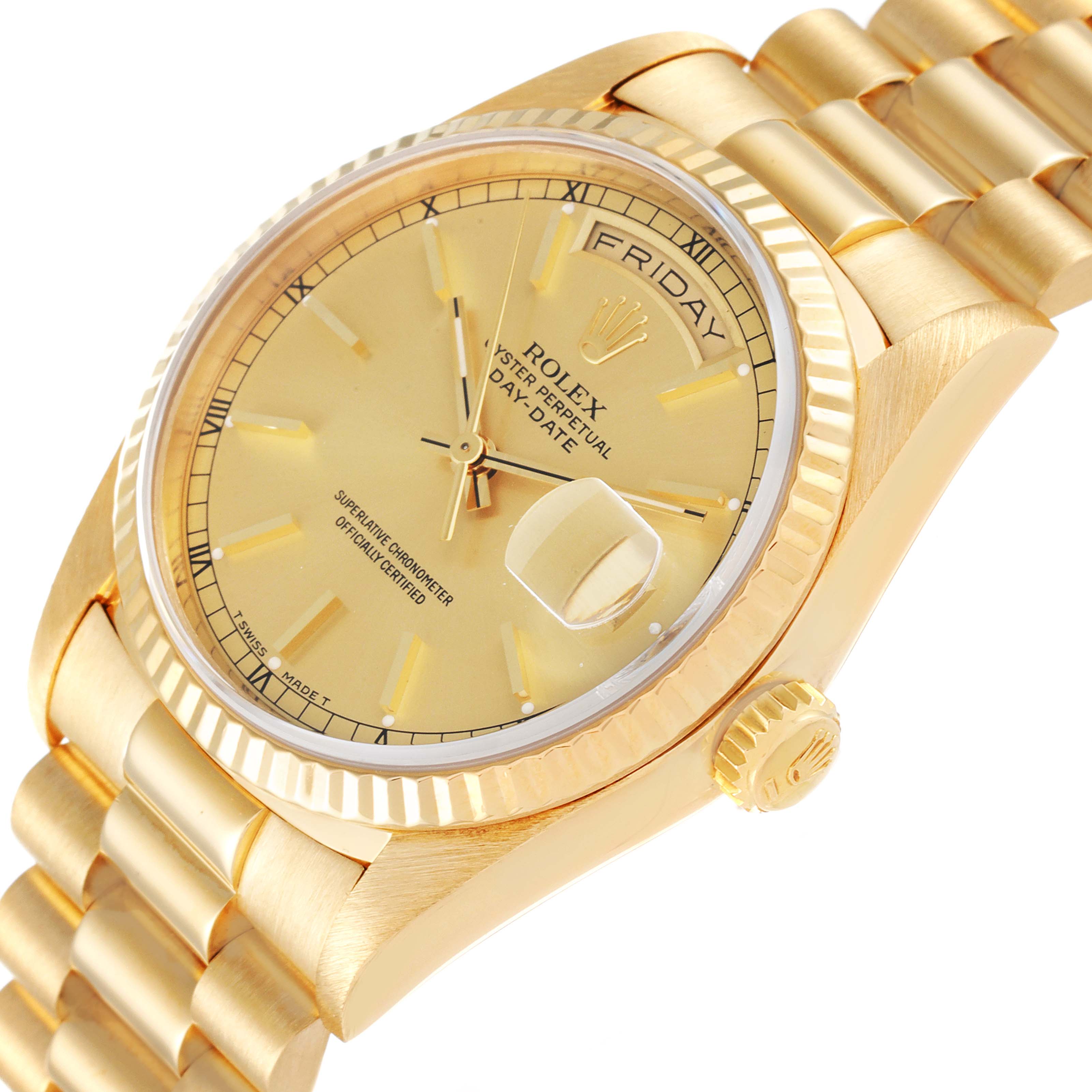The image shows a Rolex President 18238 Men's Yellow Gold Champagne Dial 18238 Men's Yellow Gold Champagne Dial model watch at an angle emphasizing the dial, day-date display, crown, and part of the bracelet.
