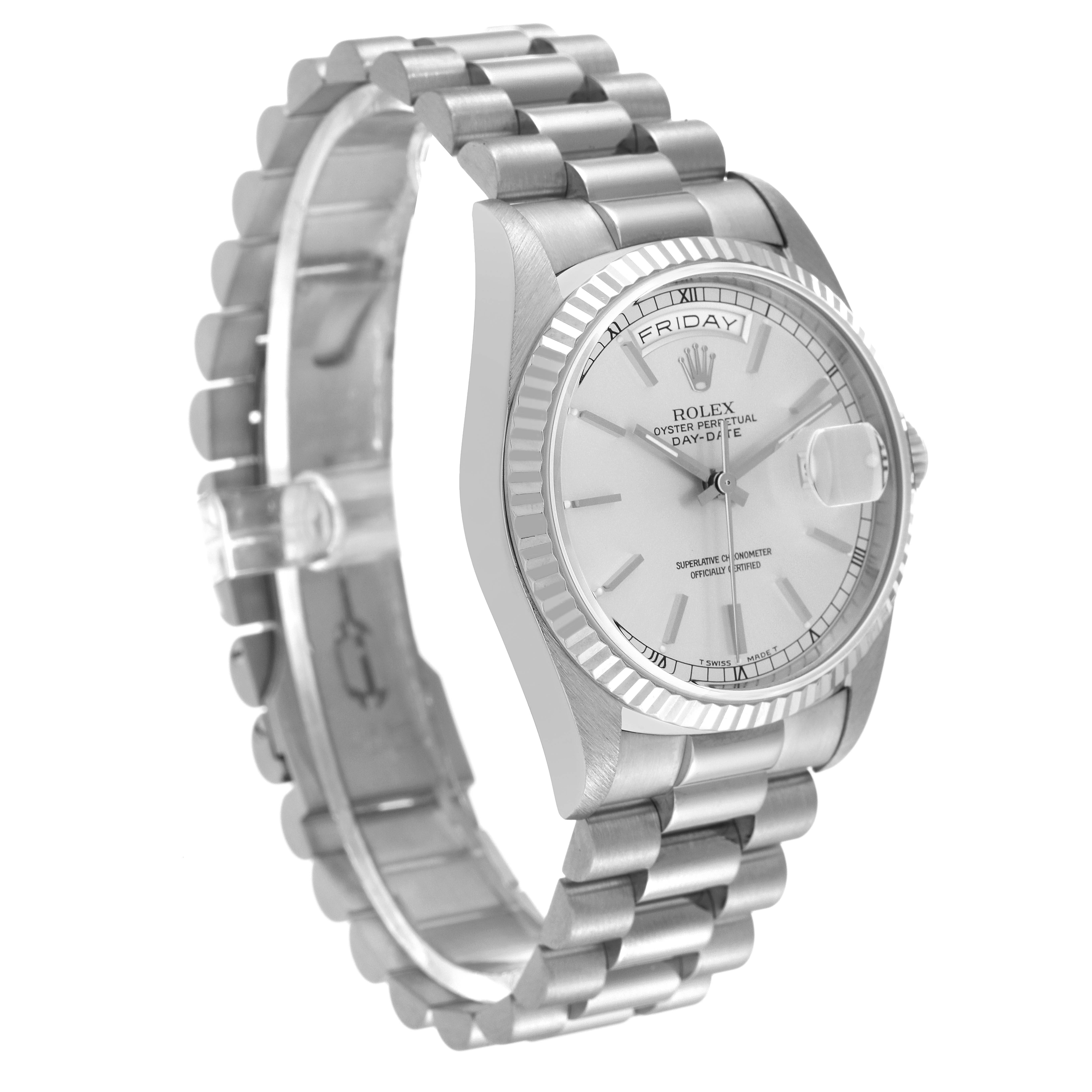 The image shows a side-angle view of a Rolex President 18239 Men's White Gold Silver Dial 18239 Men's White Gold Silver Dial model watch, highlighting the face, bezel, and partial bracelet.