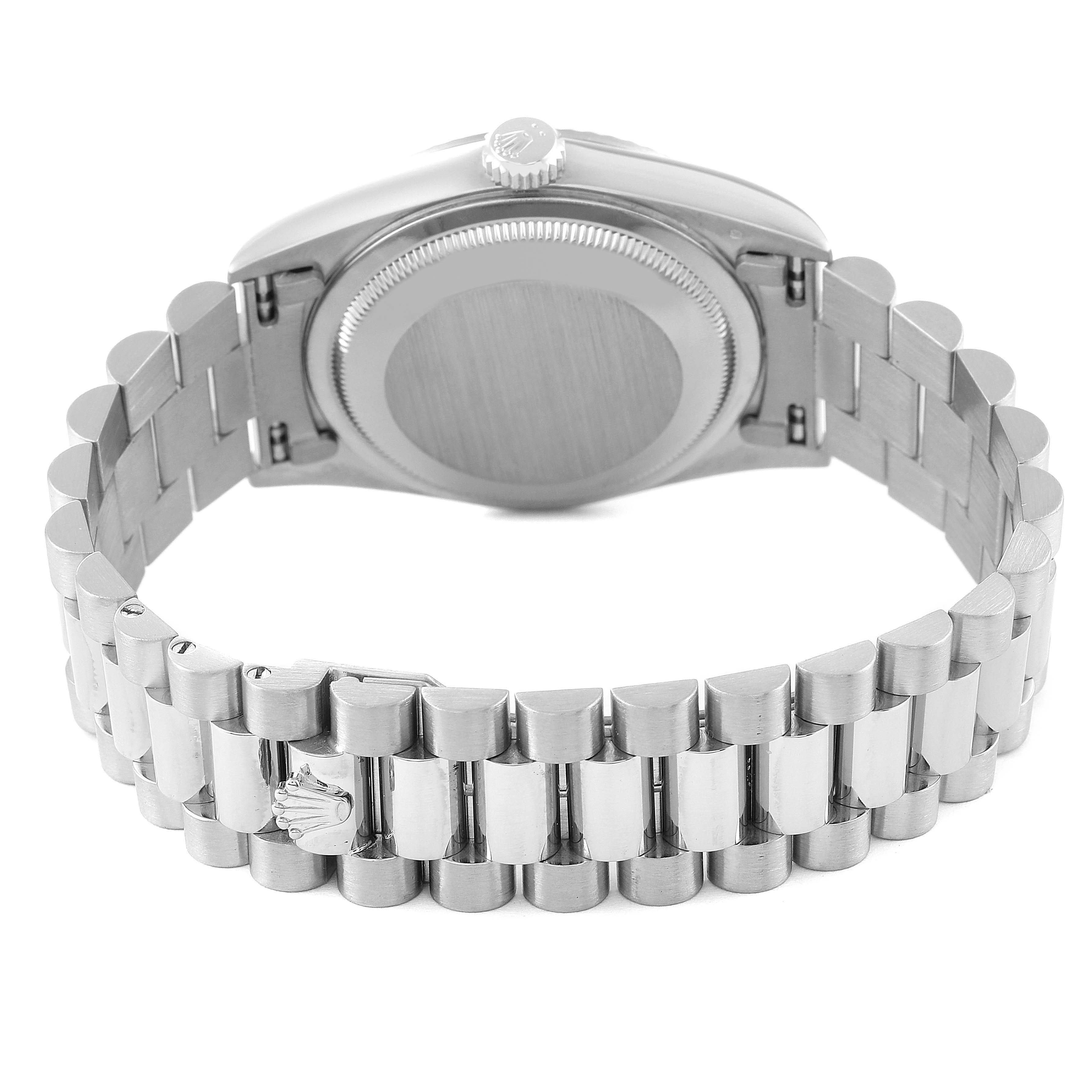This image shows the back of the Rolex President 18239 Men's White Gold Silver Dial 18239 Men's White Gold Silver Dial model watch, highlighting the clasp and bracelet links.