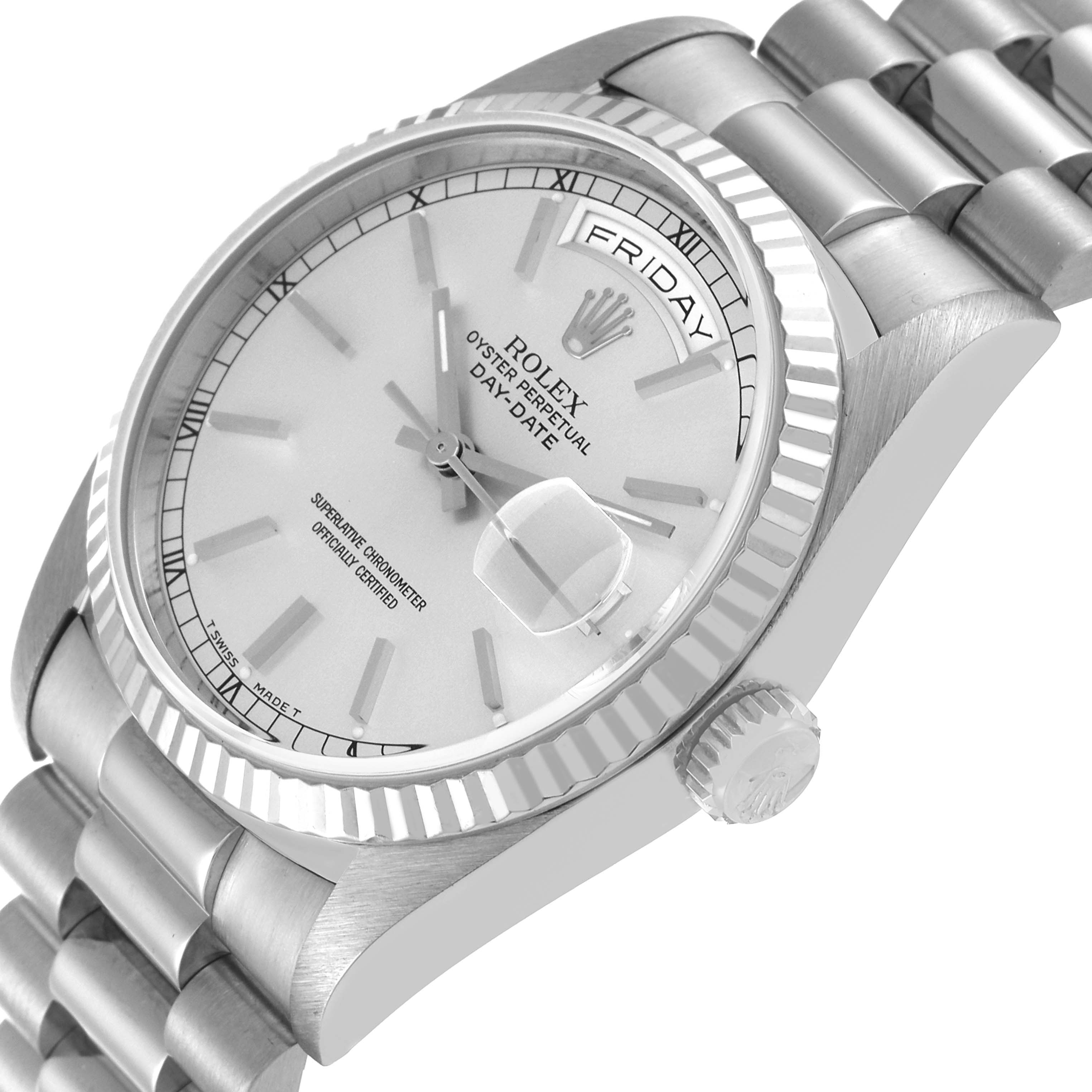 The image shows a close-up angled view of the face, bezel, crown, and part of the bracelet of a Rolex President 18239 Men's White Gold Silver Dial 18239 Men's White Gold Silver Dial model watch.