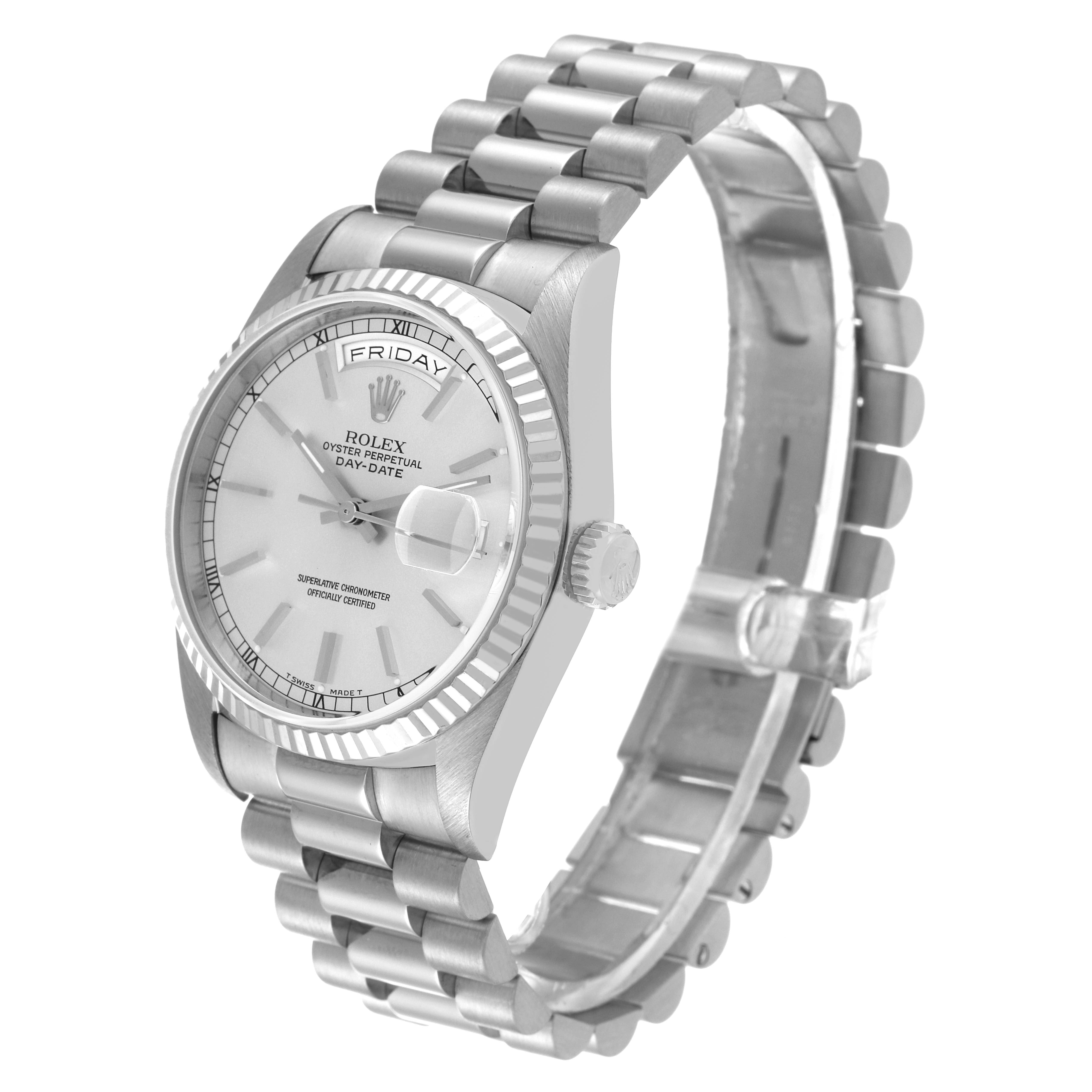 The image shows a Rolex President 18239 Men's White Gold Silver Dial 18239 Men's White Gold Silver Dial Day-Date watch at a three-quarter angle, highlighting the bracelet, face, and crown.
