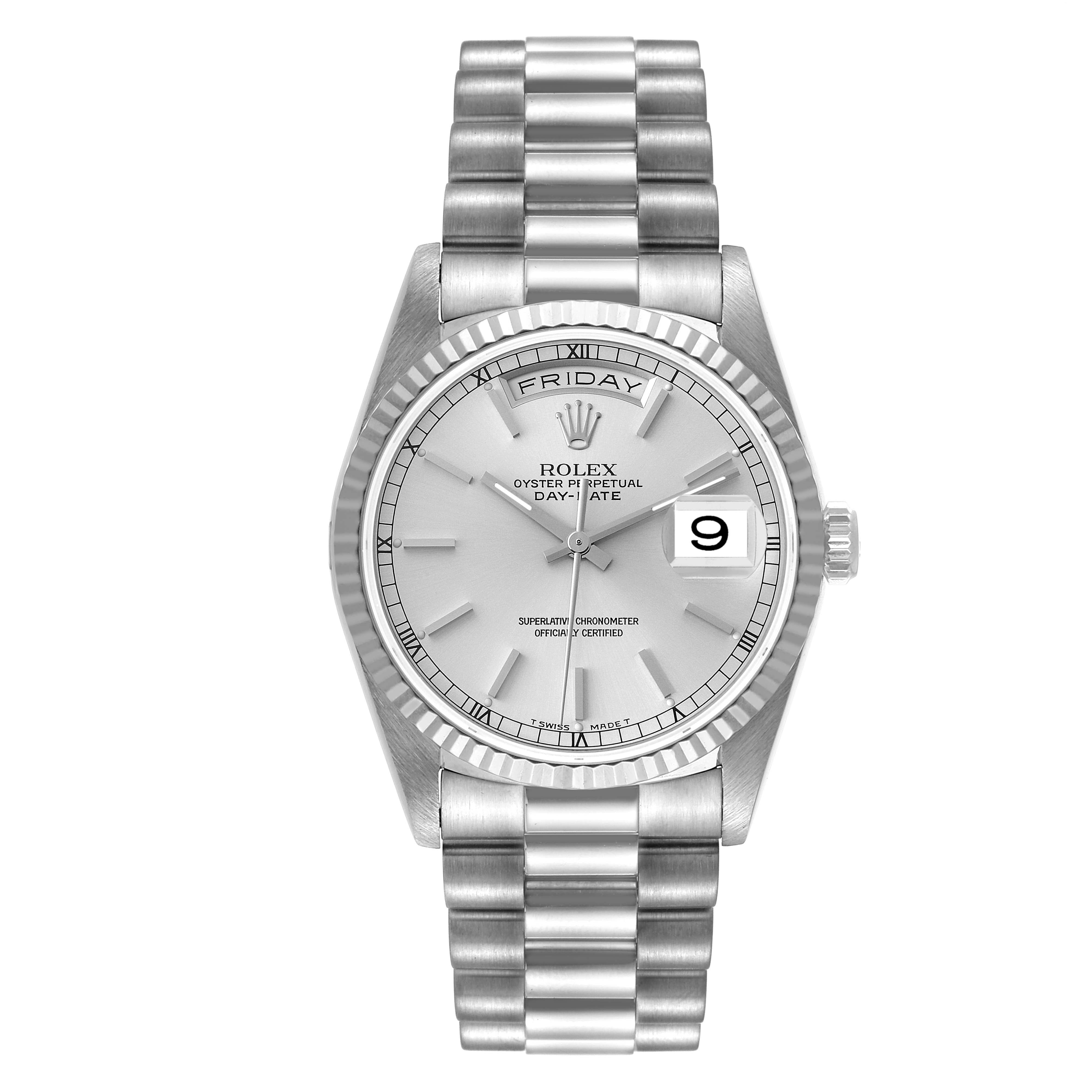 The image shows a front view of the Rolex President 18239 Men's White Gold Silver Dial 18239 Men's White Gold Silver Dial model watch, displaying its dial, bezel, and bracelet.