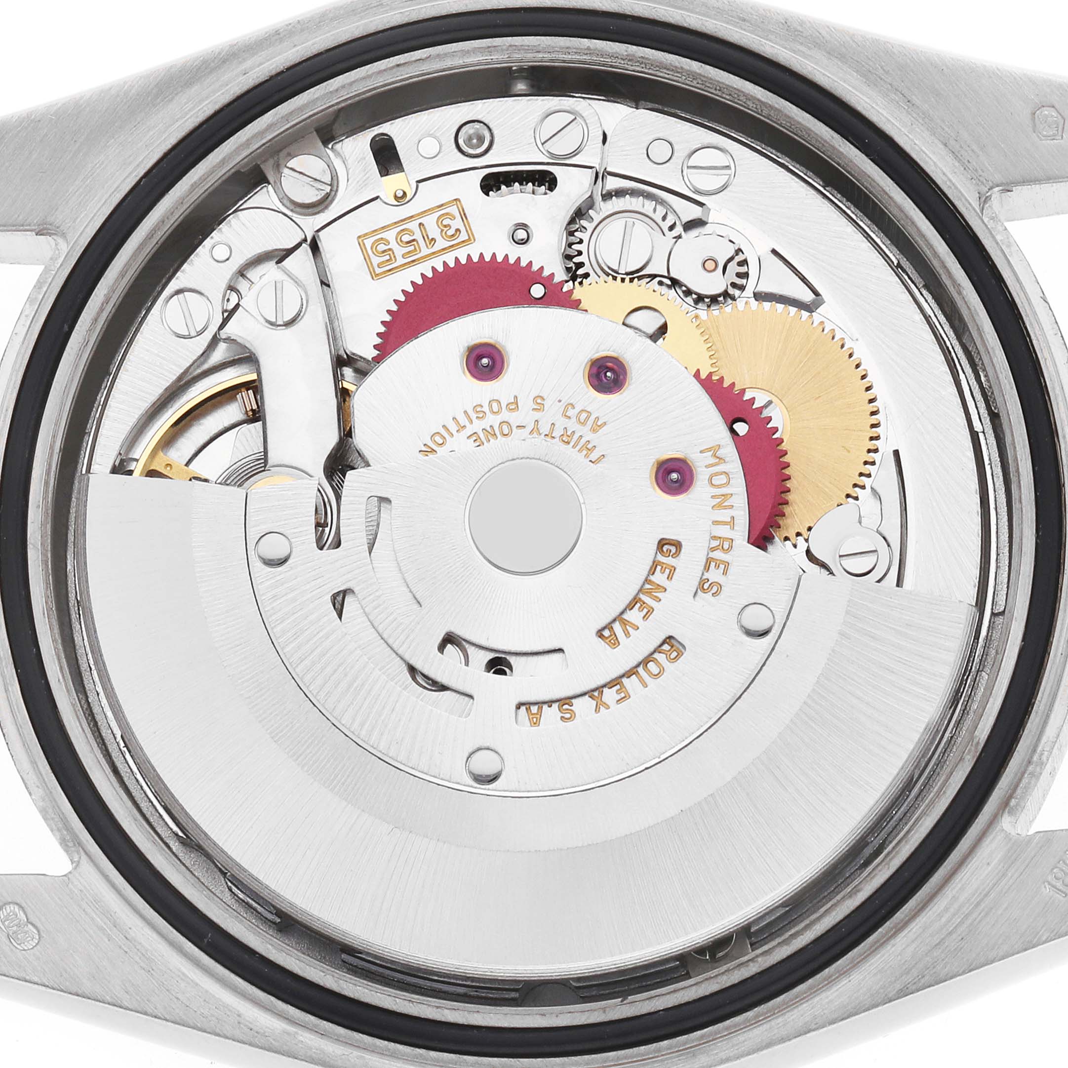 The image shows the inner mechanism of a Rolex President 118239 Men's White Gold Silver Dial watch from a back casing angle, highlighting gears and movement components.