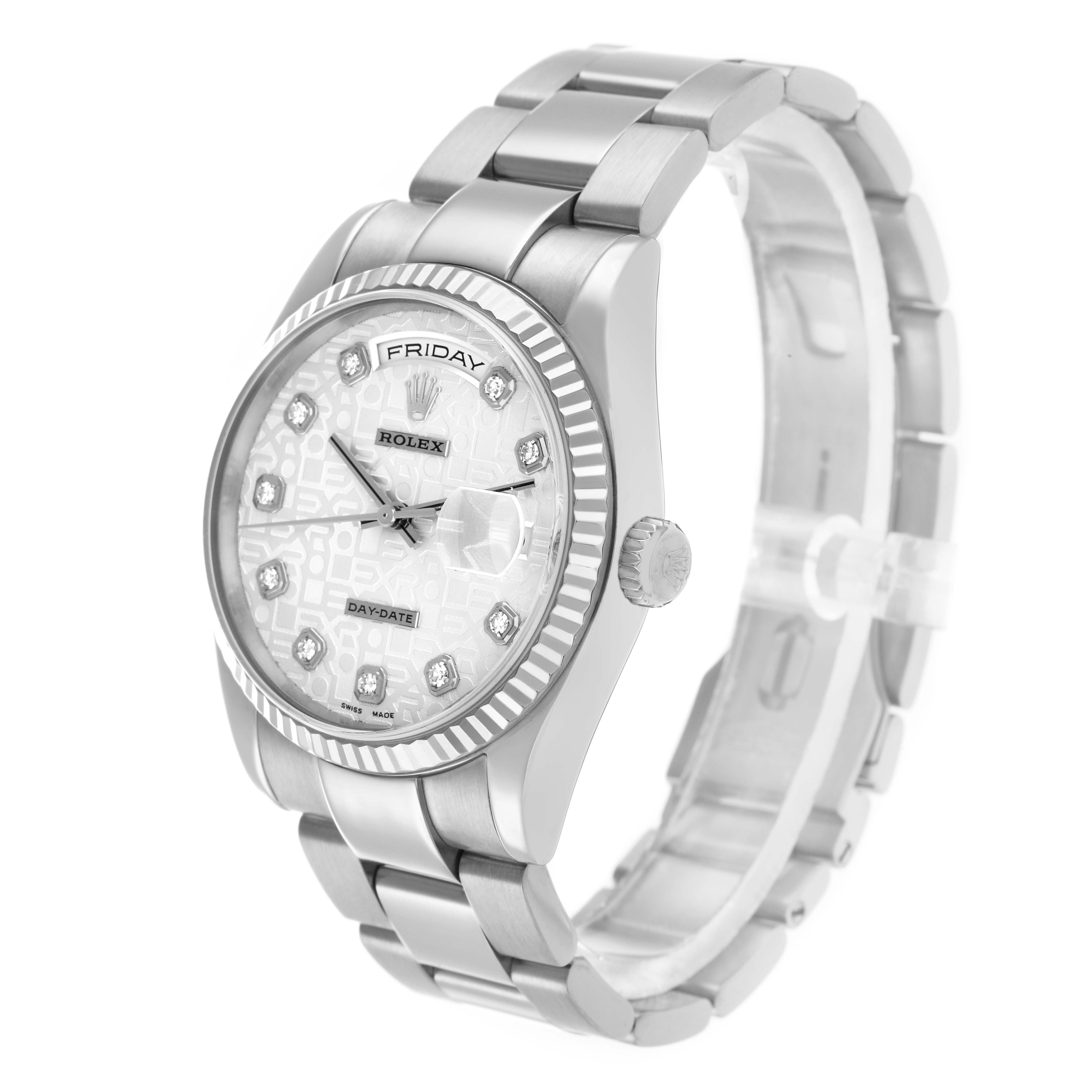 The Rolex President 118239 Men's White Gold Silver Dial watch is shown at a slight angle, displaying the face, bezel, crown, and part of the bracelet.