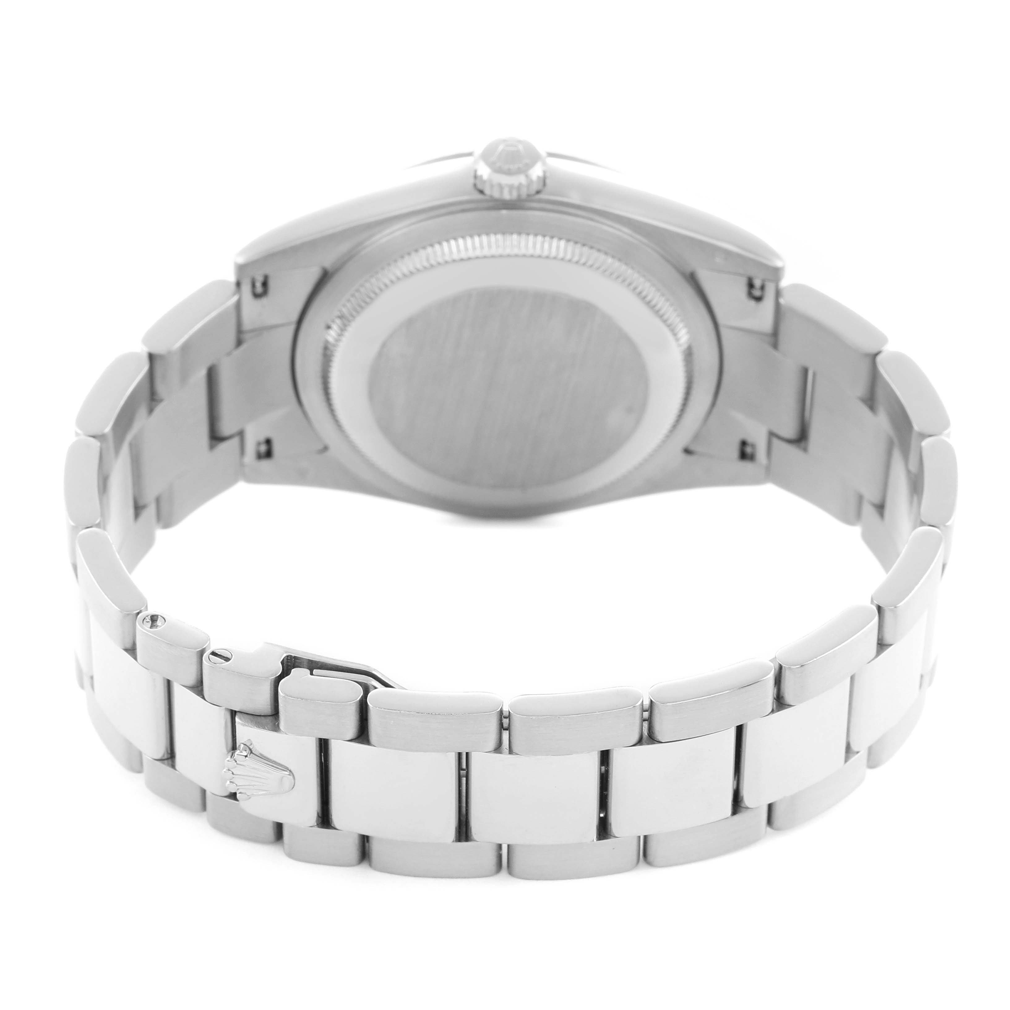 The Rolex President 118239 Men's White Gold Silver Dial model is shown from the back, highlighting the bracelet and clasp.
