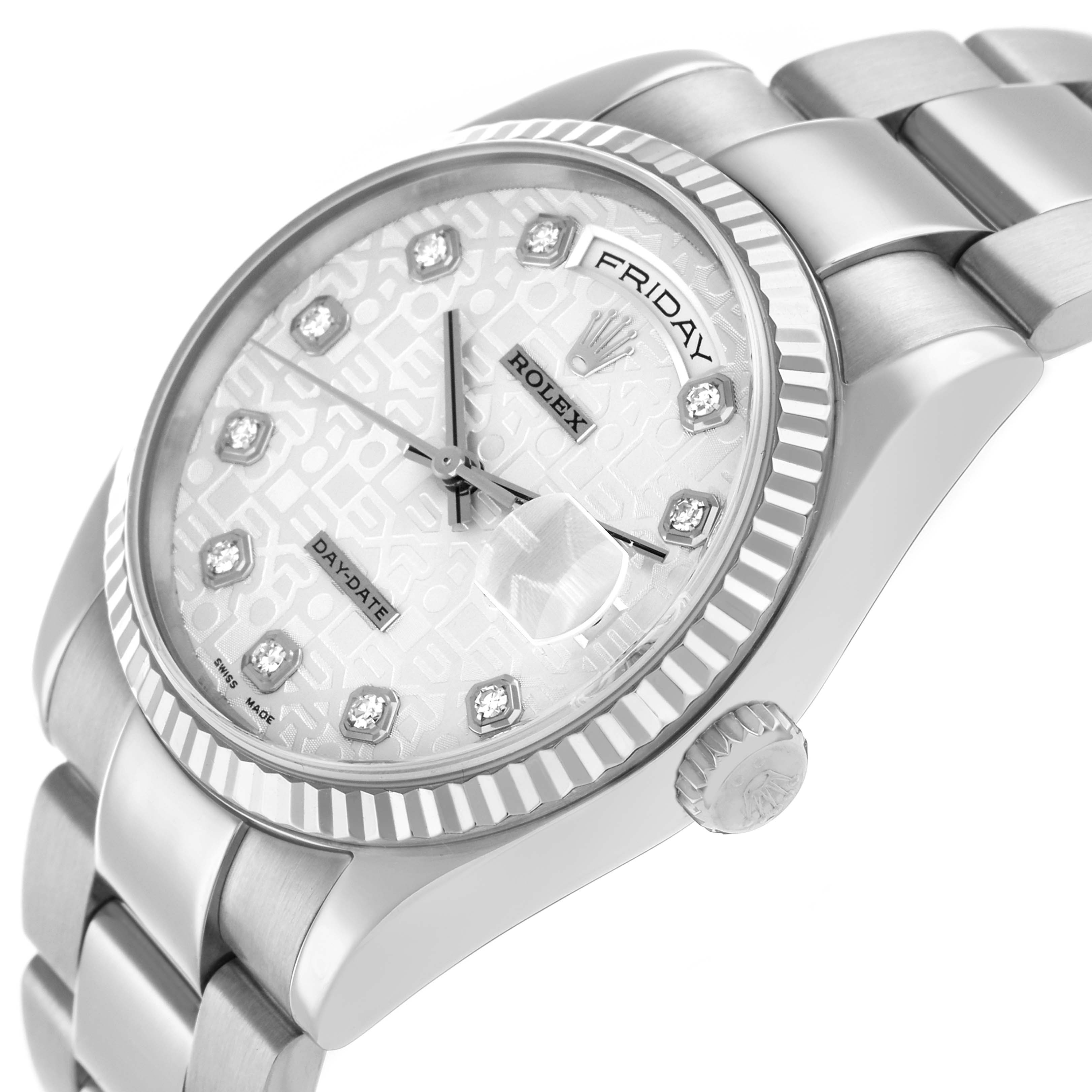 The Rolex President 118239 Men's White Gold Silver Dial model watch is shown at a slight angle, displaying the dial, bezel, and part of the bracelet.