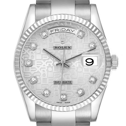The Rolex President 118239 Men's White Gold Silver Dial model watch is shown from a front angle, highlighting its dial, bezel, and part of the bracelet.