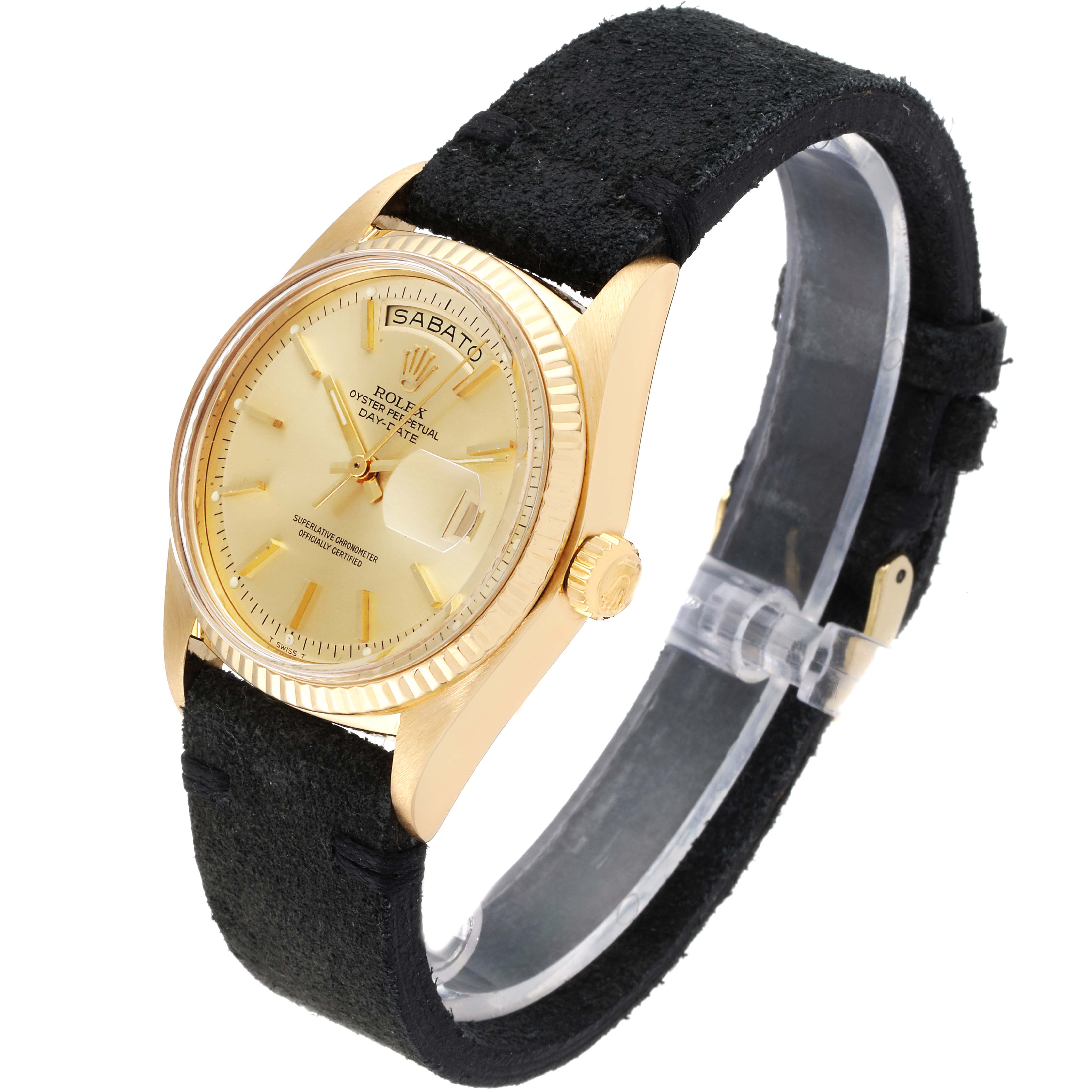 The image shows a Rolex Vintage Collection 1803 Men's Yellow Gold Champagne Dial 1803 Men's Yellow Gold Champagne Dial watch at a three-quarter angle, highlighting its gold case, dial, and black strap.