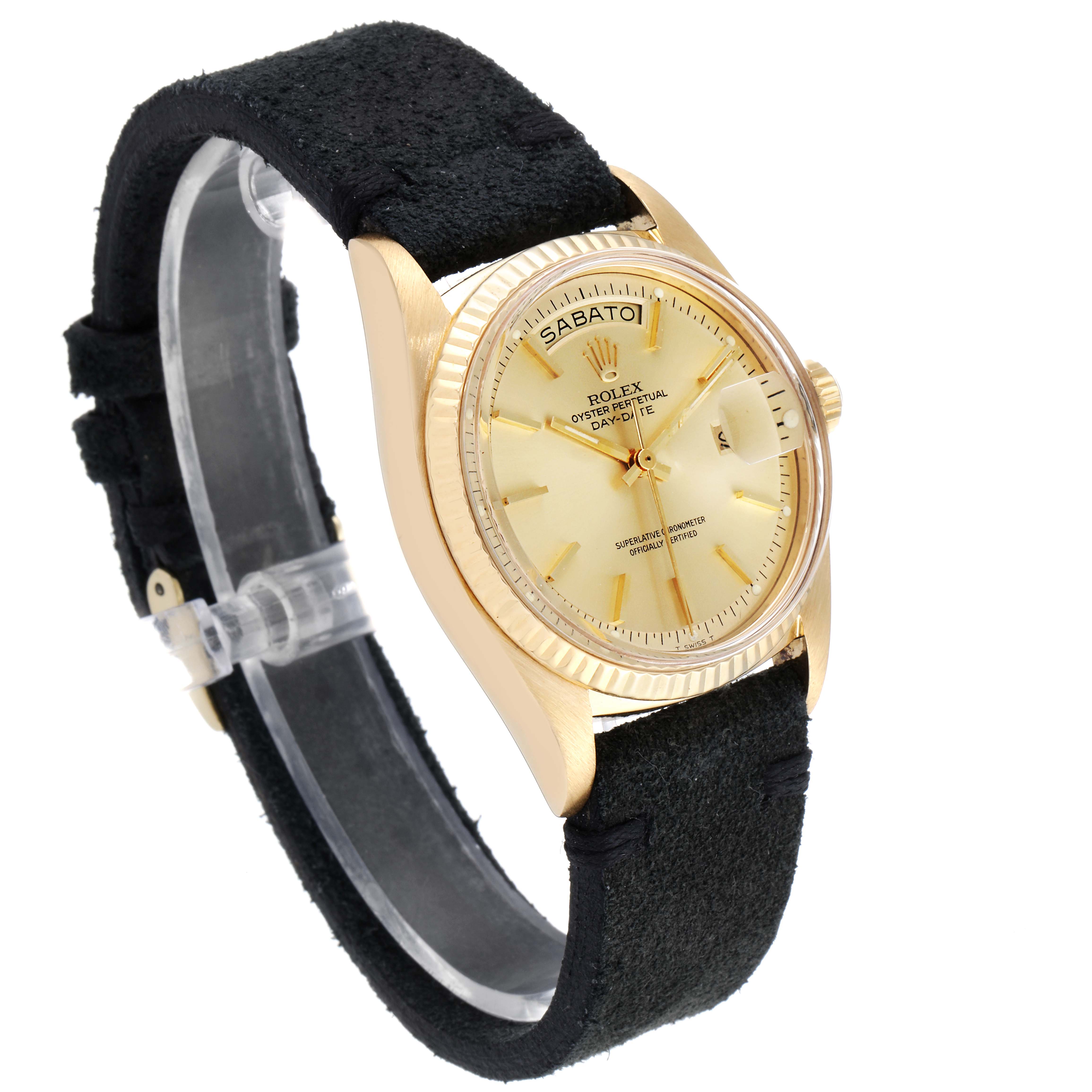 This image shows a side and front angle of the Rolex Vintage Collection 1803 Men's Yellow Gold Champagne Dial 1803 Men's Yellow Gold Champagne Dial watch, highlighting its face, bezel, and strap.