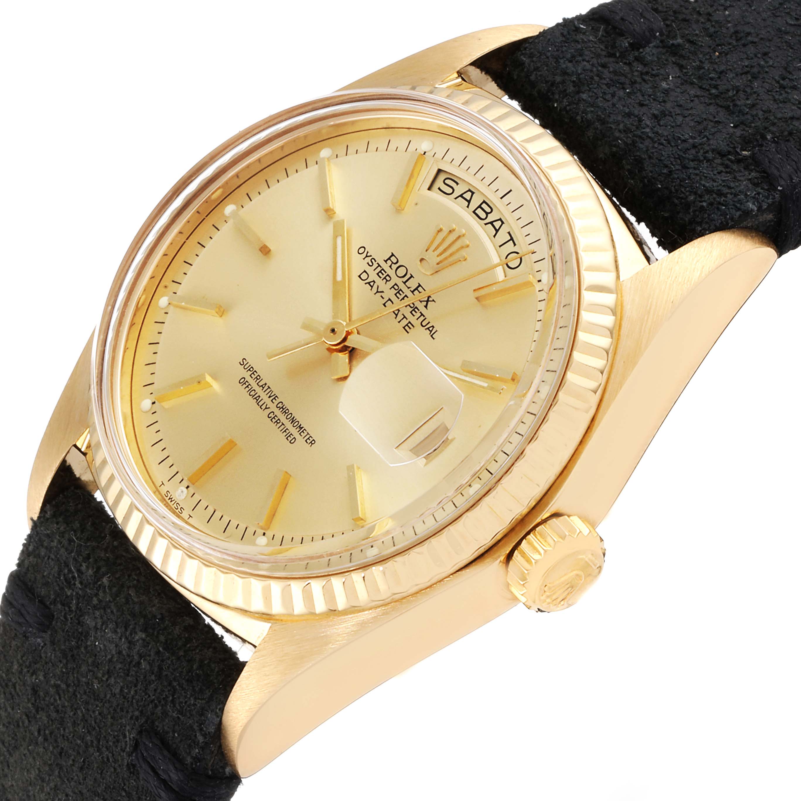 This Rolex Vintage Collection 1803 Men's Yellow Gold Champagne Dial 1803 Men's Yellow Gold Champagne Dial model is shown at a slight angle, highlighting the dial, case, crown, and part of the black strap.