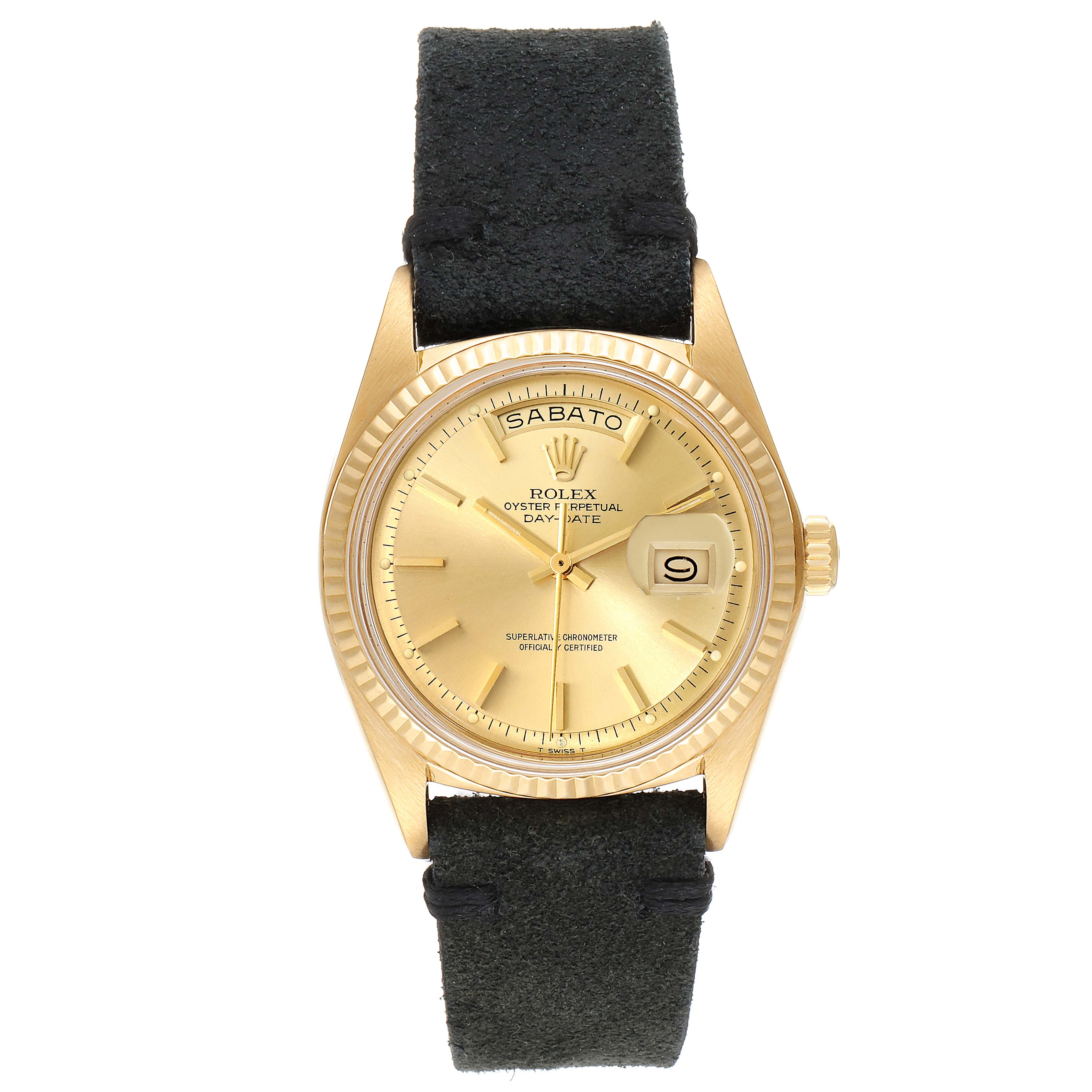 This Rolex Vintage Collection 1803 Men's Yellow Gold Champagne Dial 1803 Men's Yellow Gold Champagne Dial watch is shown from a front angle, featuring its face, bezel, crown, and black strap.