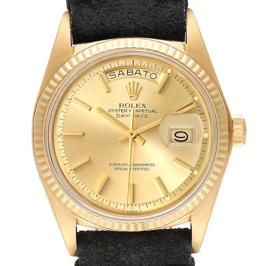 Rolex President Day-Date Yellow Gold Black Strap Vintage Mens Watch 1803 SwissWatchExpo