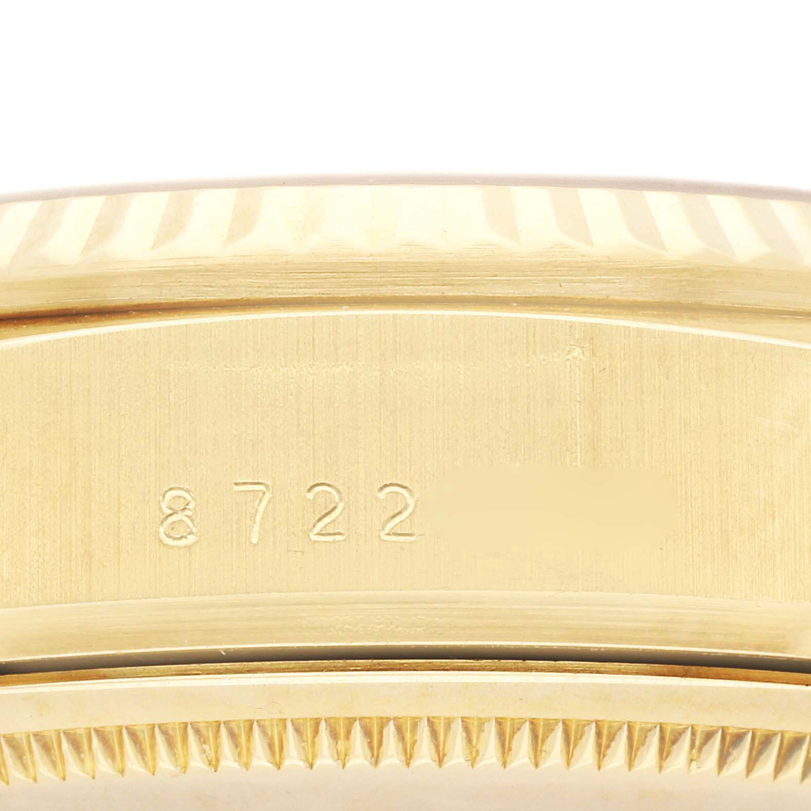 The image shows the side of a Rolex President 18038 Men's Yellow Gold Champagne Dial 18038 Men's Yellow Gold Champagne Dial watch case, highlighting the serial number engraving.