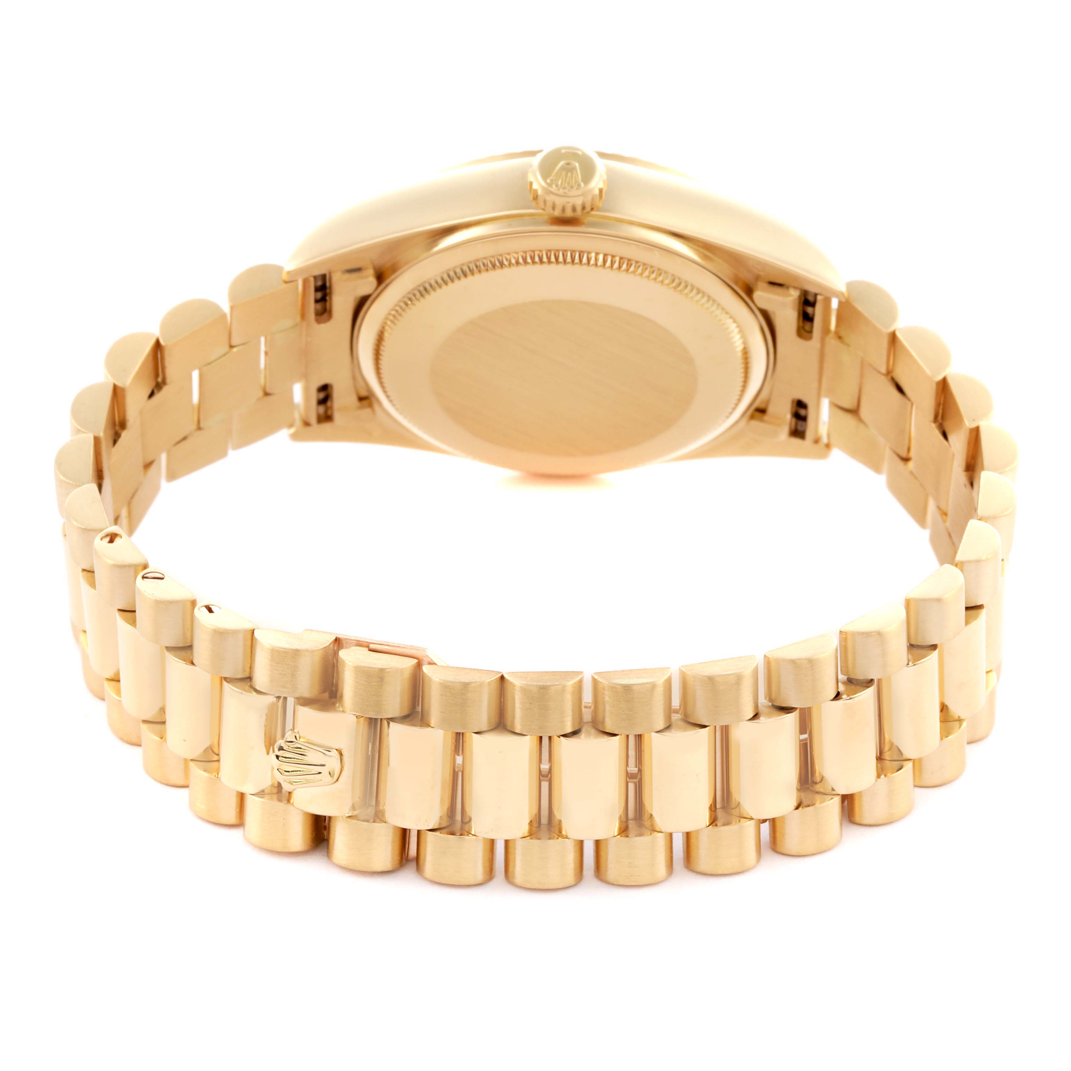 The image shows the back and bracelet of the Rolex President 18038 Men's Yellow Gold Champagne Dial 18038 Men's Yellow Gold Champagne Dial model, highlighting the case back and clasp.
