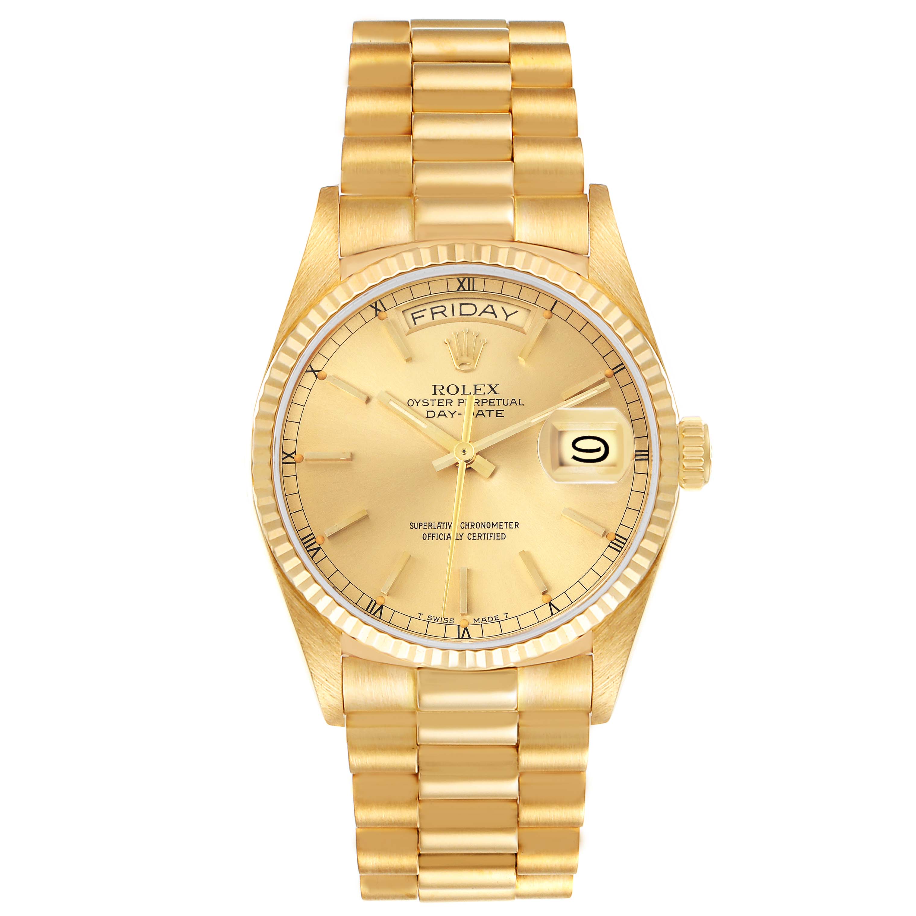 The Rolex President 18038 Men's Yellow Gold Champagne Dial 18038 Men's Yellow Gold Champagne Dial model watch is shown from a front angle, displaying the dial, bracelet, and crown.